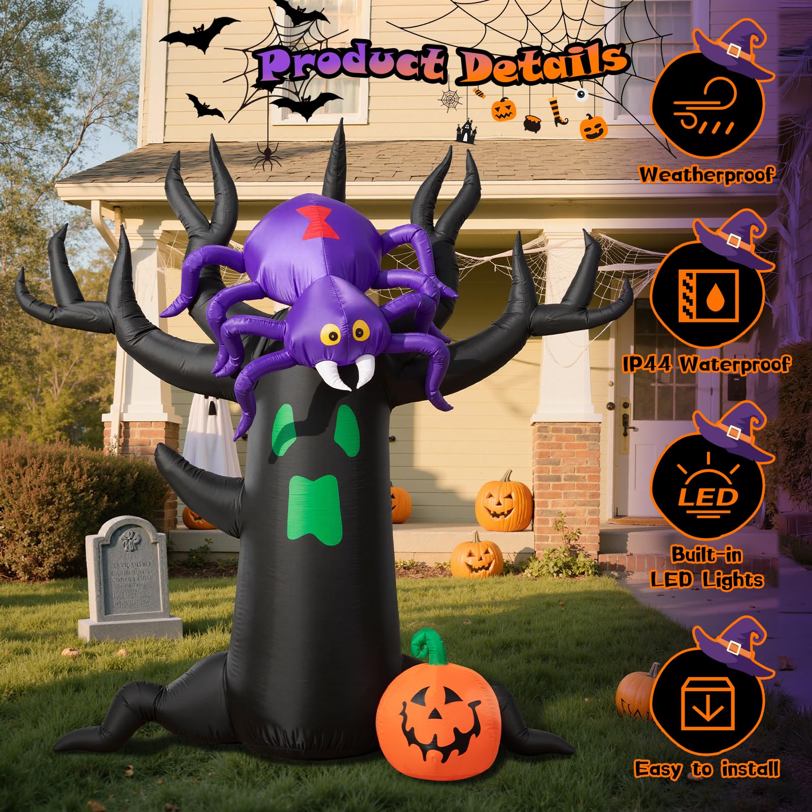 7FT Halloween Inflatable Tree with Giant Purple Spider and Pumpkin, Spooky Blow Up Yard Decoration with LED Lights for Outdoor L