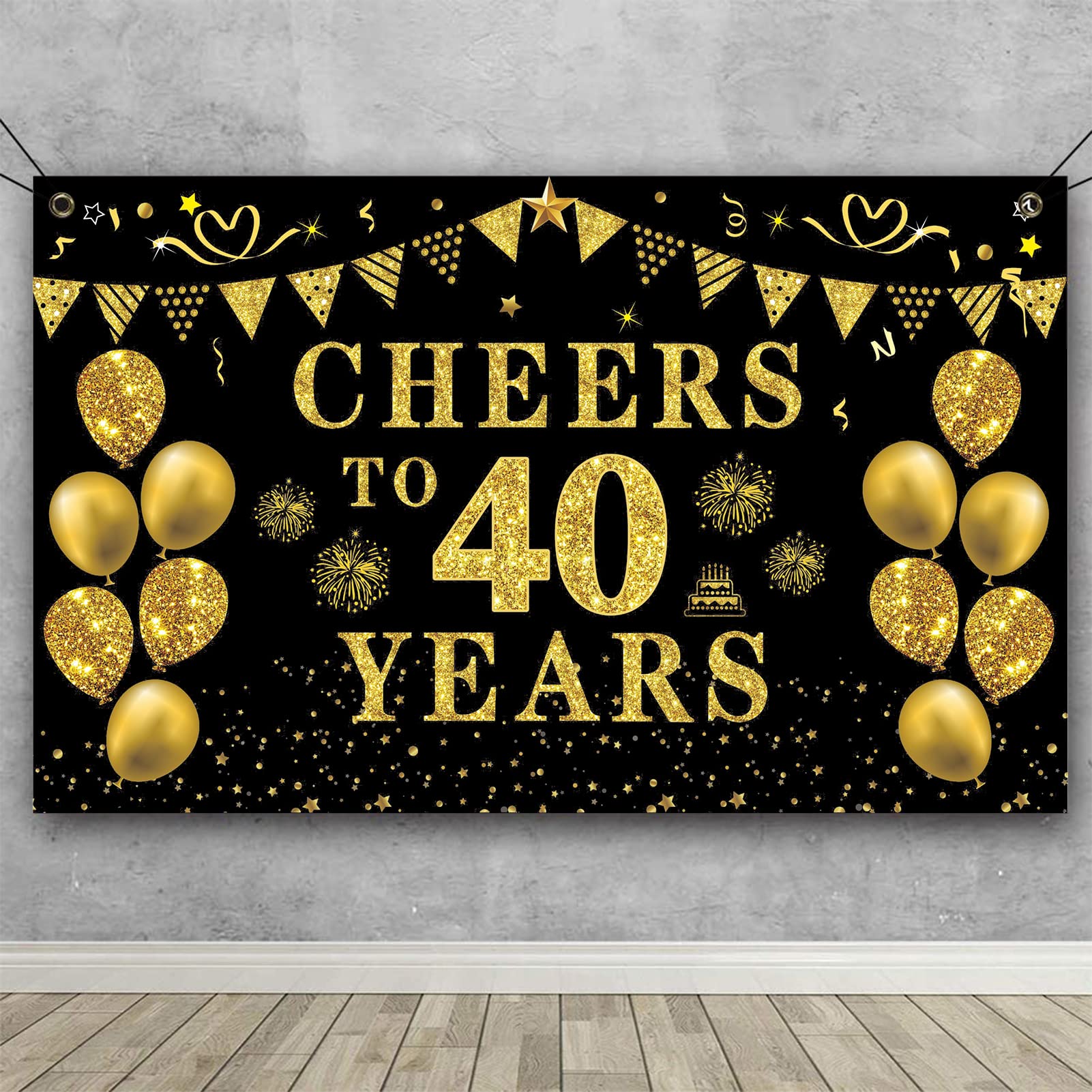 Trgowaul 40Th Birthday Decorations For Women Men, Cheers To 40 Years Banner, Black And Gold 40Th Birthday Backdrop, 40Th Wedding