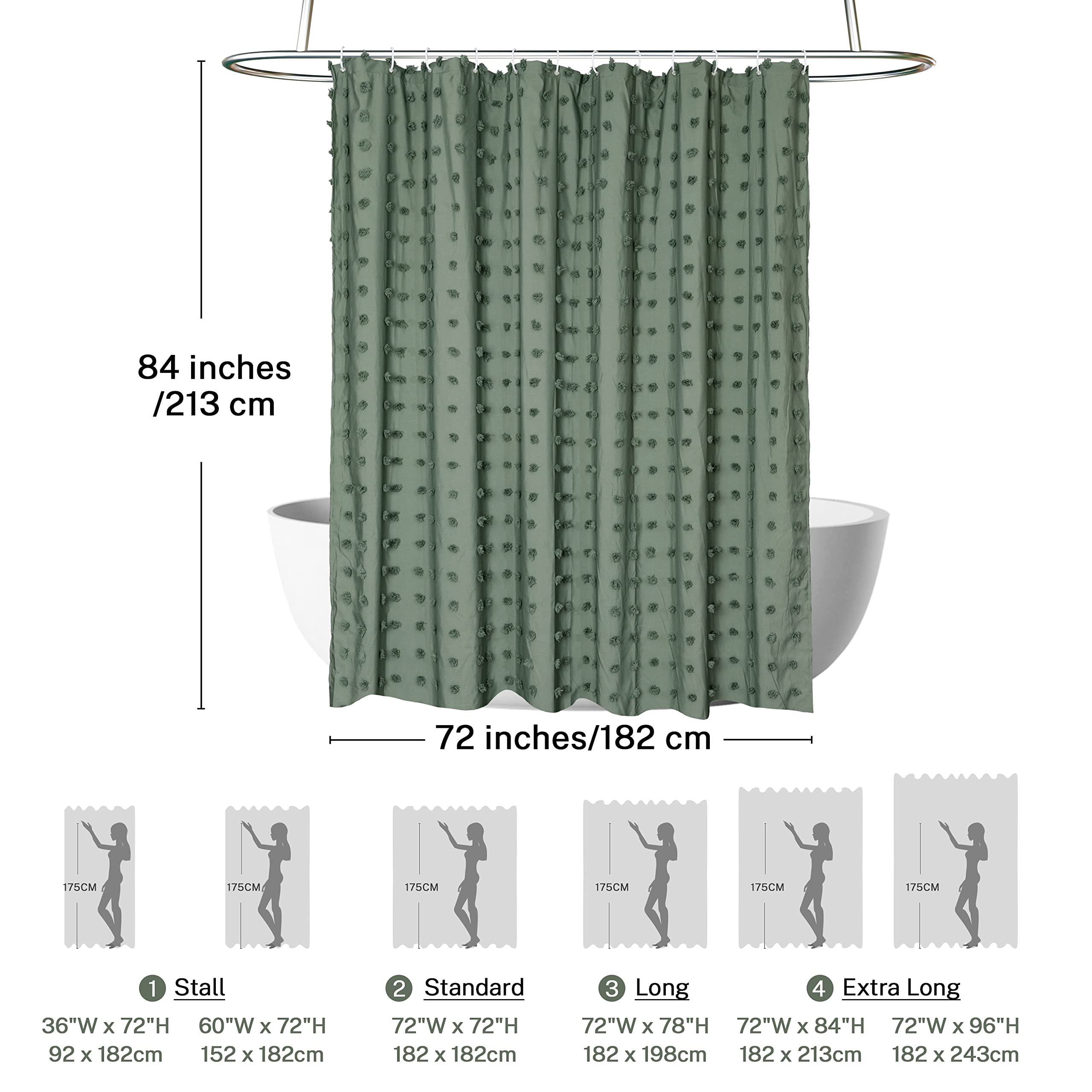 Extra Long Green Boho Shower Curtain Woven Fabric Cute 84 Inch Shower Curtain, 72 X 84 Tufted Pleat Floral Puffs Textured Modern