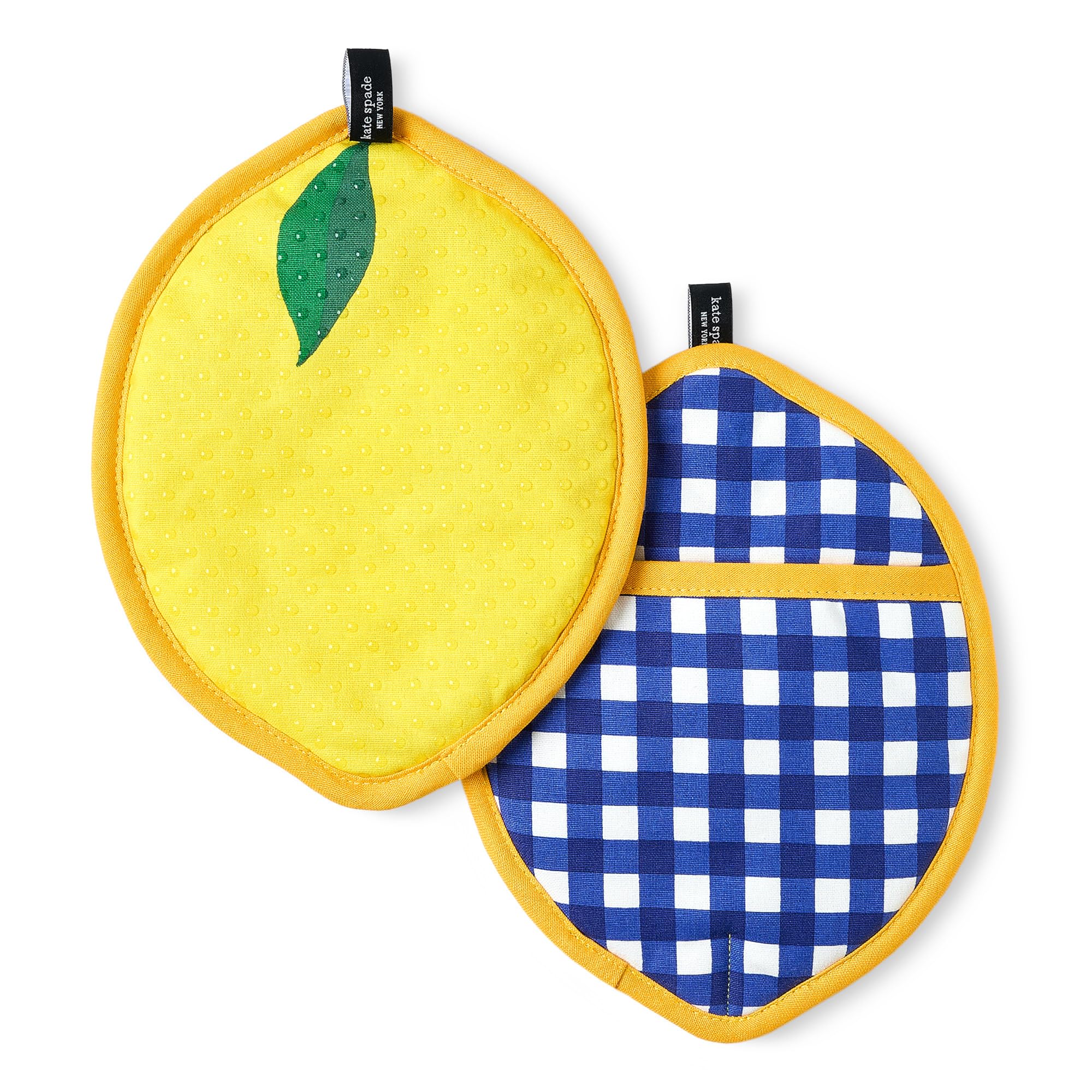 kate spade new york Lemon Party and Spring Gingham Pot Holder 2-Pack Set, Heat Resistant, 100% Cotton, Navy Blue/Yellow, 7x10
