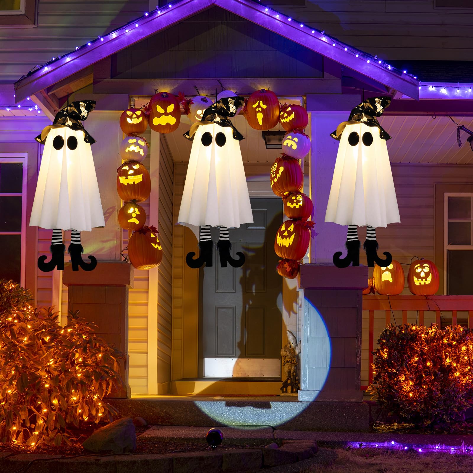 3 Packs Hanging Ghosts Halloween Decor, Halloween Decorations Outdoor with Witch Hat,Glowing Ghost Witch Hat Lights, Ghost Decor