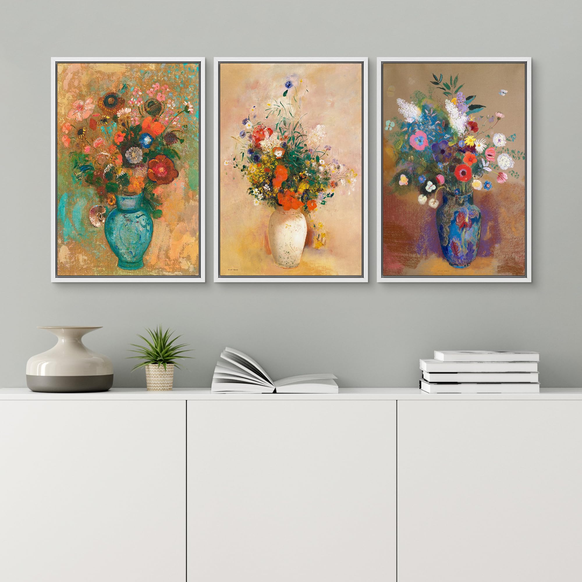 Wall26 Framed Canvas Print Wall Art Set Flowers In Vases By Odilon Redon Cultural Historic Oil Painting Fine Art Reproduction Sc