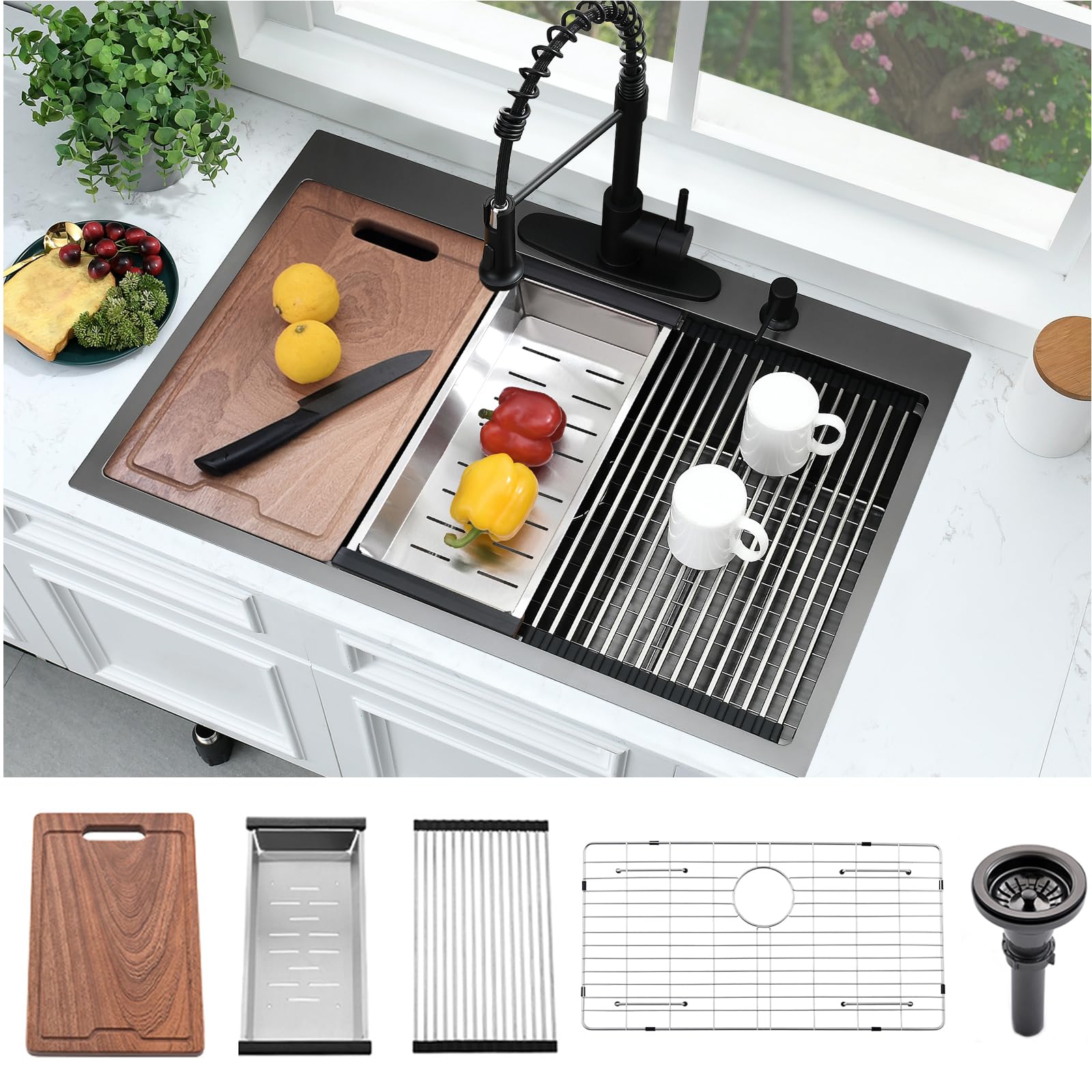33 Inch Black Kitchen Sink Drop In Workstation-Bokaiya 33x22 Single Bowl Drop In Kitchen Sink Top Mount Workstation Sink 16 Gauge Deep Black Stainless Steel Kitchen Sink with Cutting Board