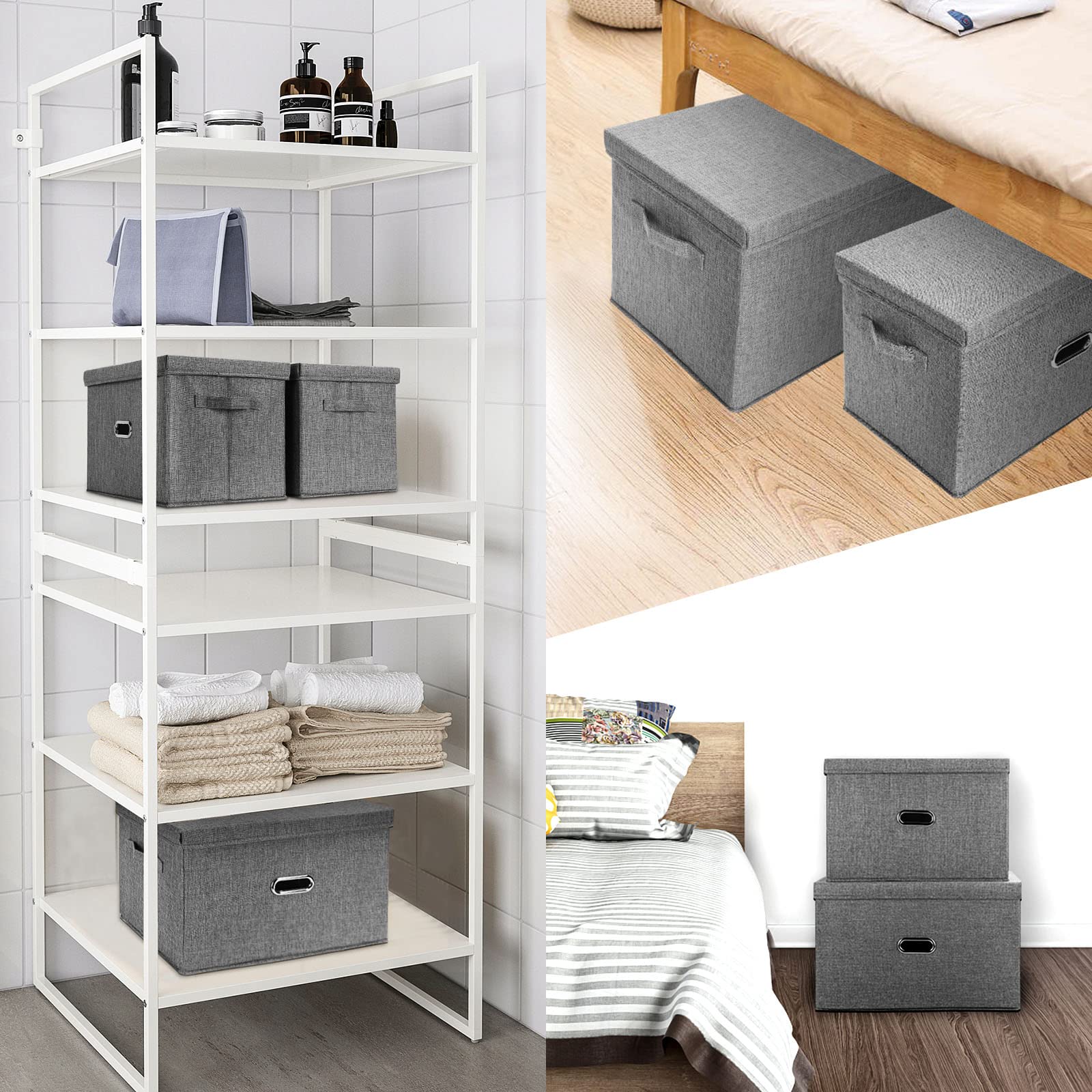 Valease Large Linen Fabric Foldable Storage Bins With Removable Lid And Handles, Washable Storage Box Organizer Containers Baske