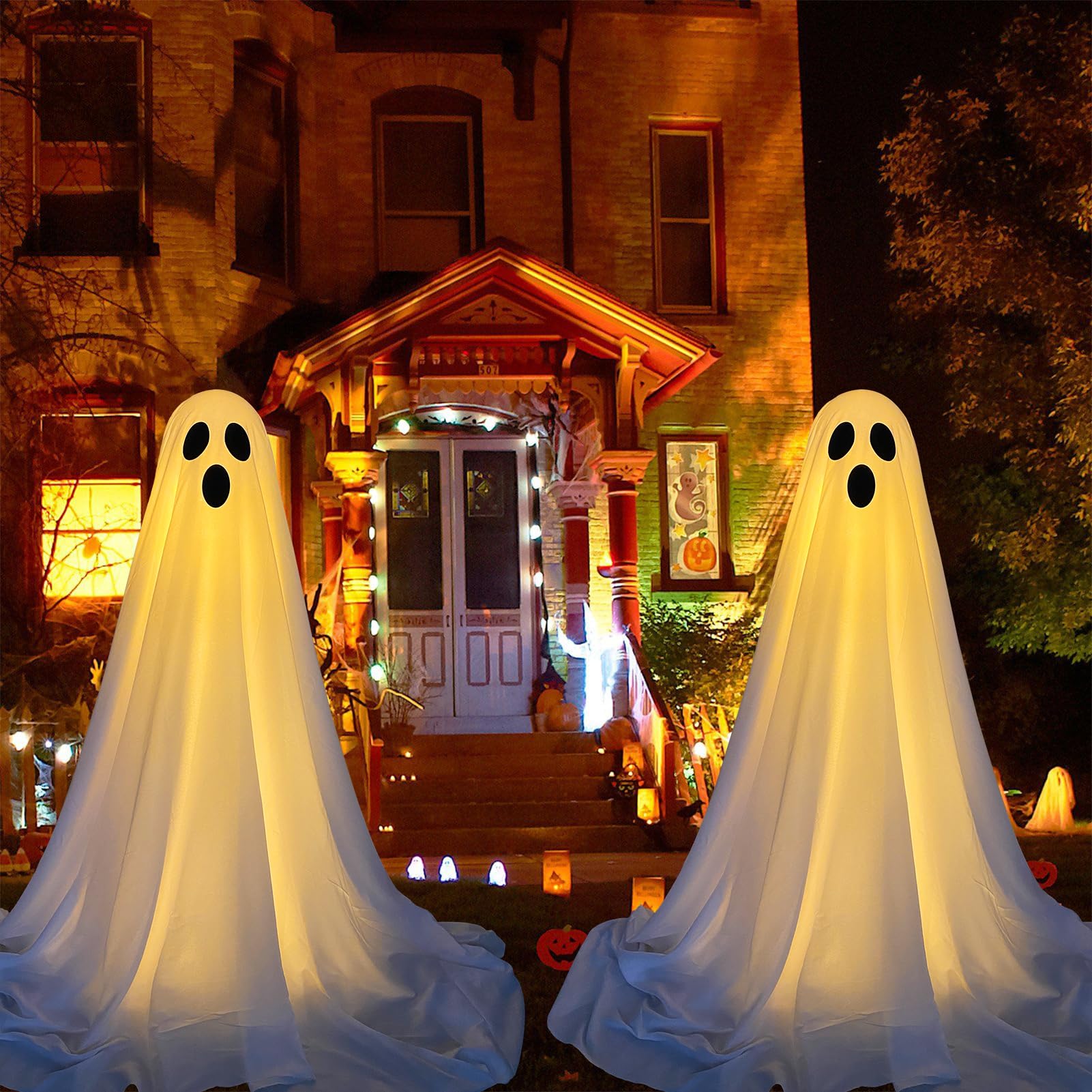 DAZONGE 2 Packs Halloween Decorations Outdoor, Spooky Halloween Ghost Decor with Remote String Lights Battery Operated, Easy to