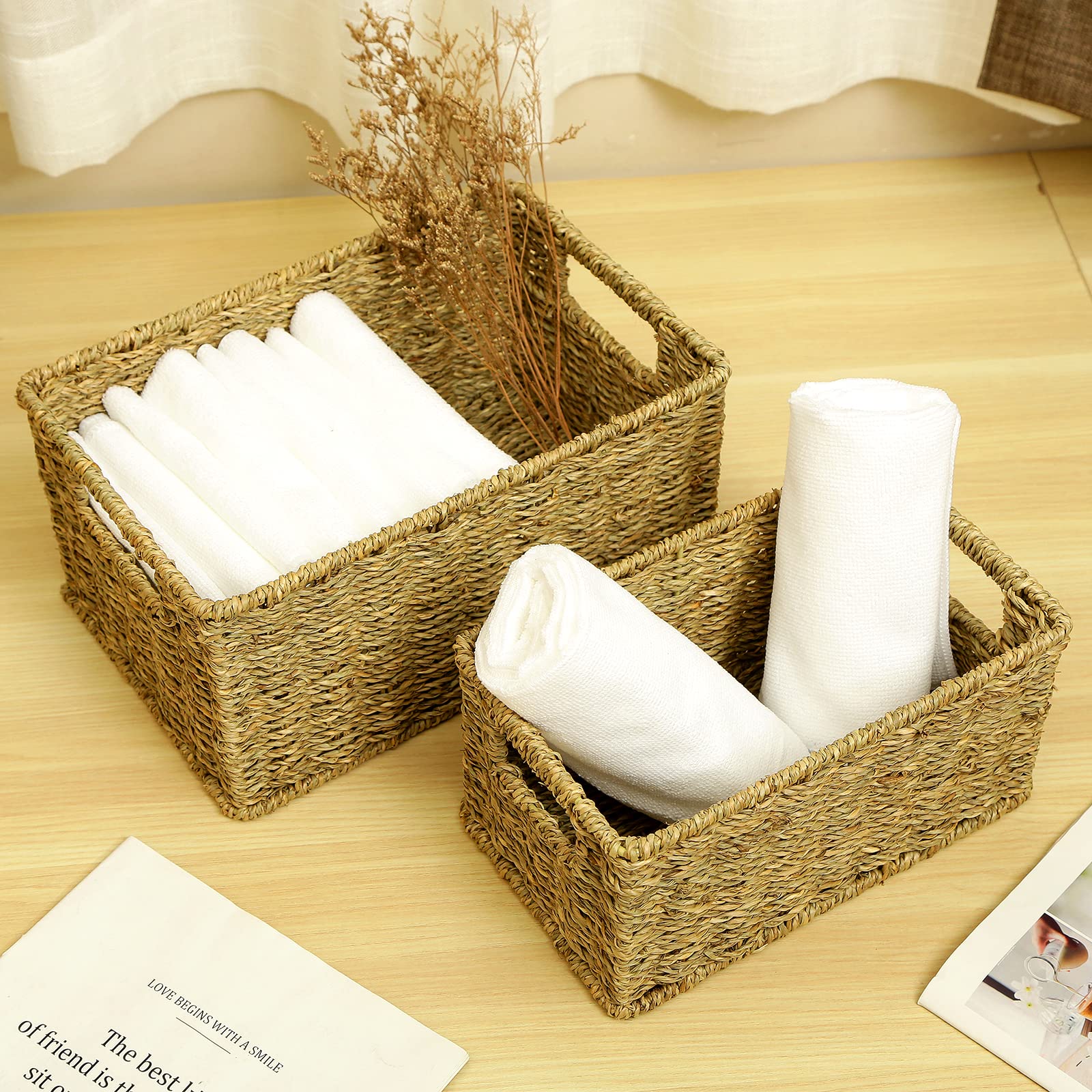 HOONEX Wicker Baskets for Storage  Seagrass Baskets with Dual Handles  Woven Baskets for Shelves  Set of 2  Natural