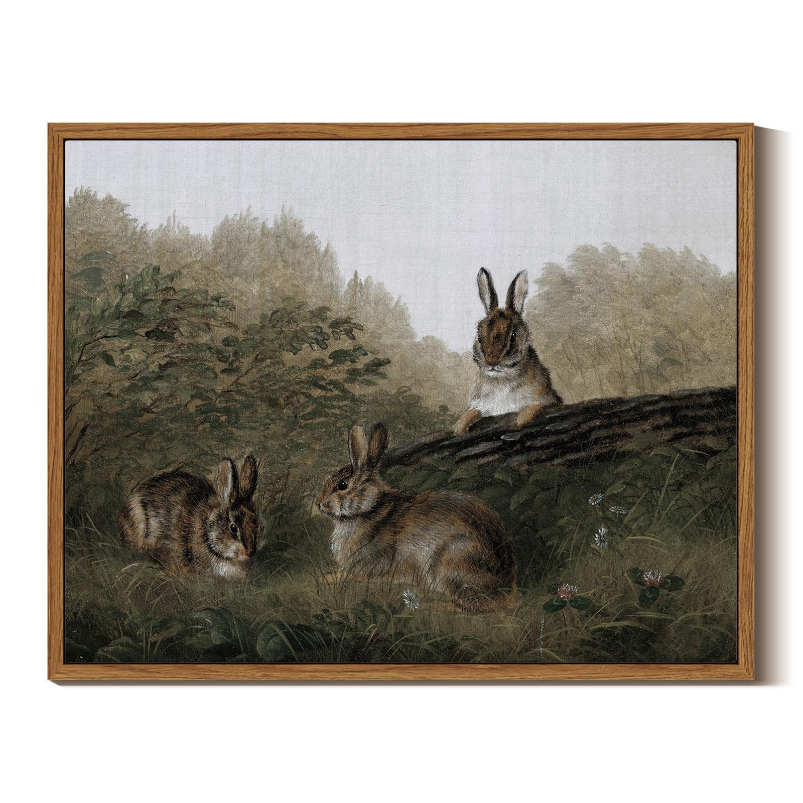Insimsea Framed Canvas Print Wall Art Three Rabbits Vintage Wall Art Easter Bunny Decor Gift For Living Room Animal Landscape Oi