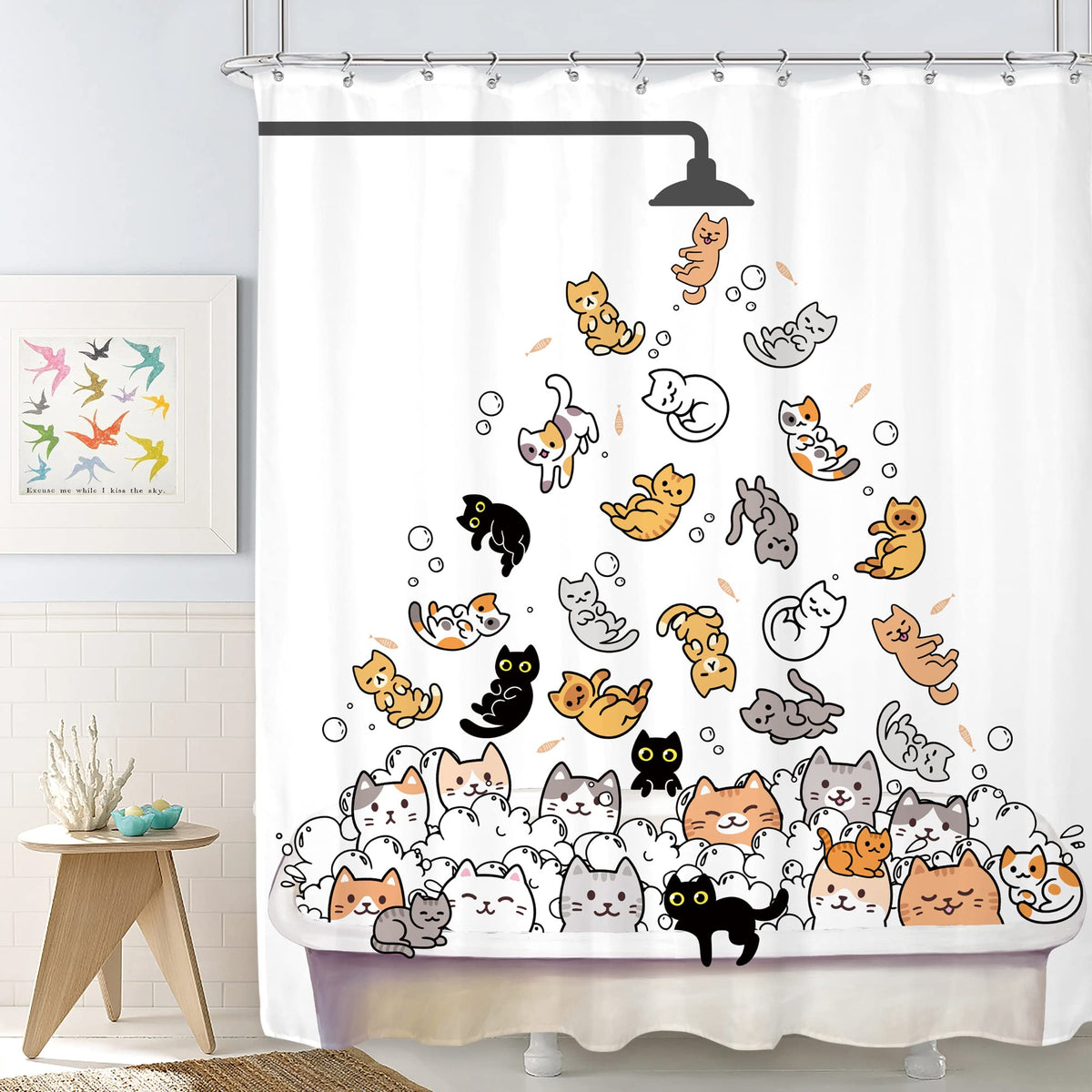 Svbright Cute Cat Shower Curtain For Kids Children 72Wx72L Inch Funny Cartoon Animal Raining Colorful Hilarious Lovely Pets Play
