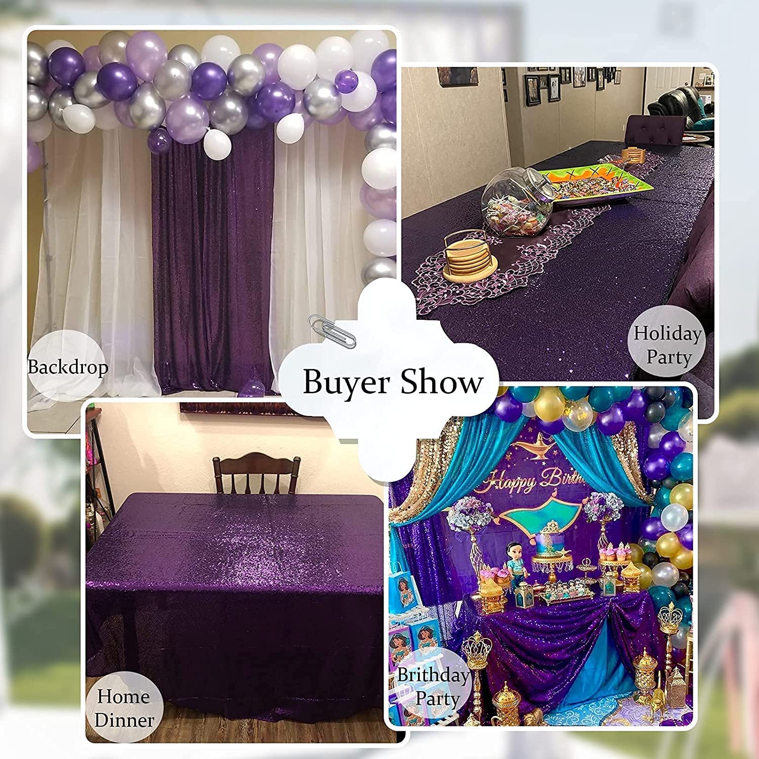 Queendream Sequin Tablecloth 90''X132'' Purple Party Tablecloth Rectangular Seamless Sequin Table Cloth Overlay Glitter Wedding