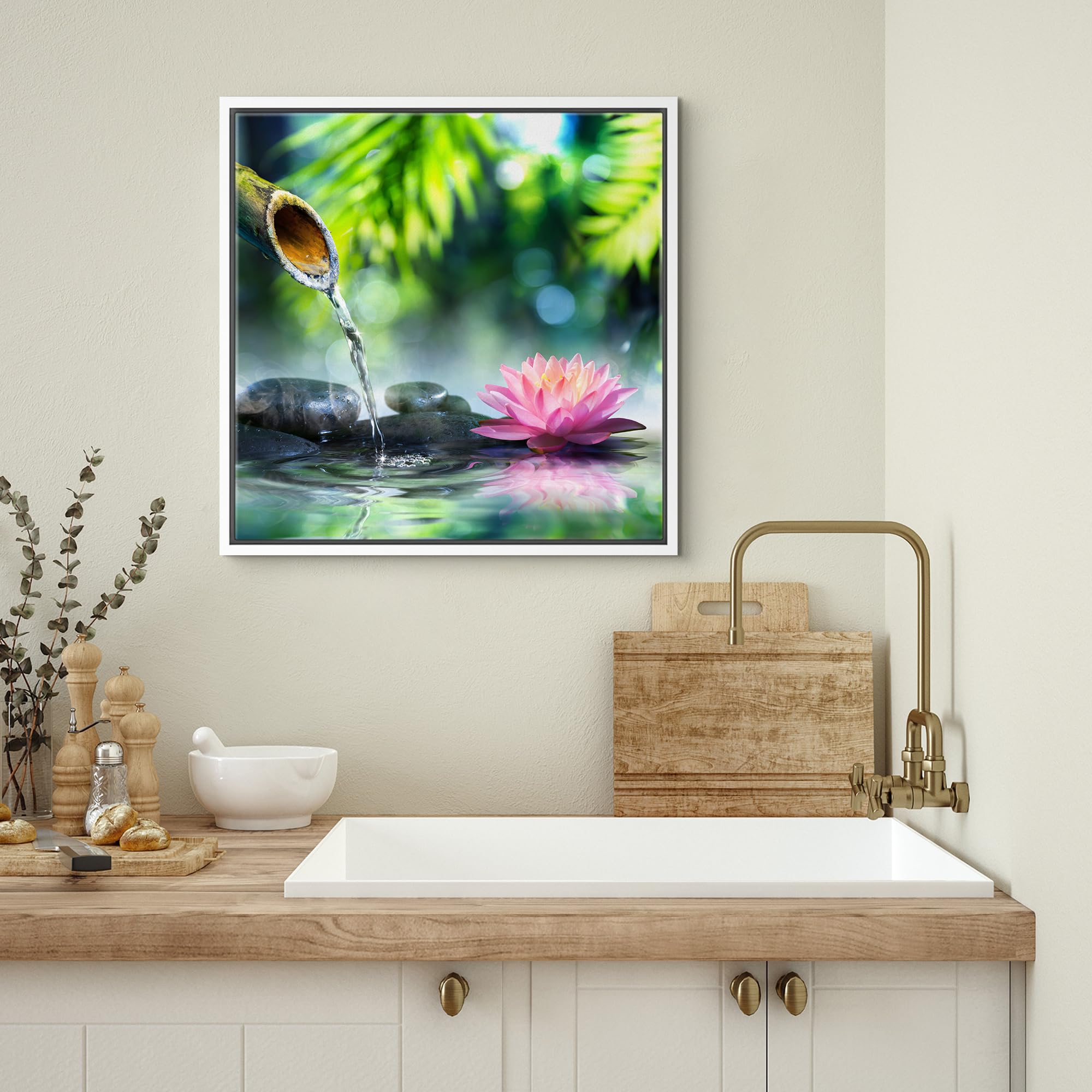 Wall26 Framed Canvas Print Wall Art Zen Garden With Bamboo And Pink Water Lily Floral Nature Digital Art Modern Art Rustic Sceni