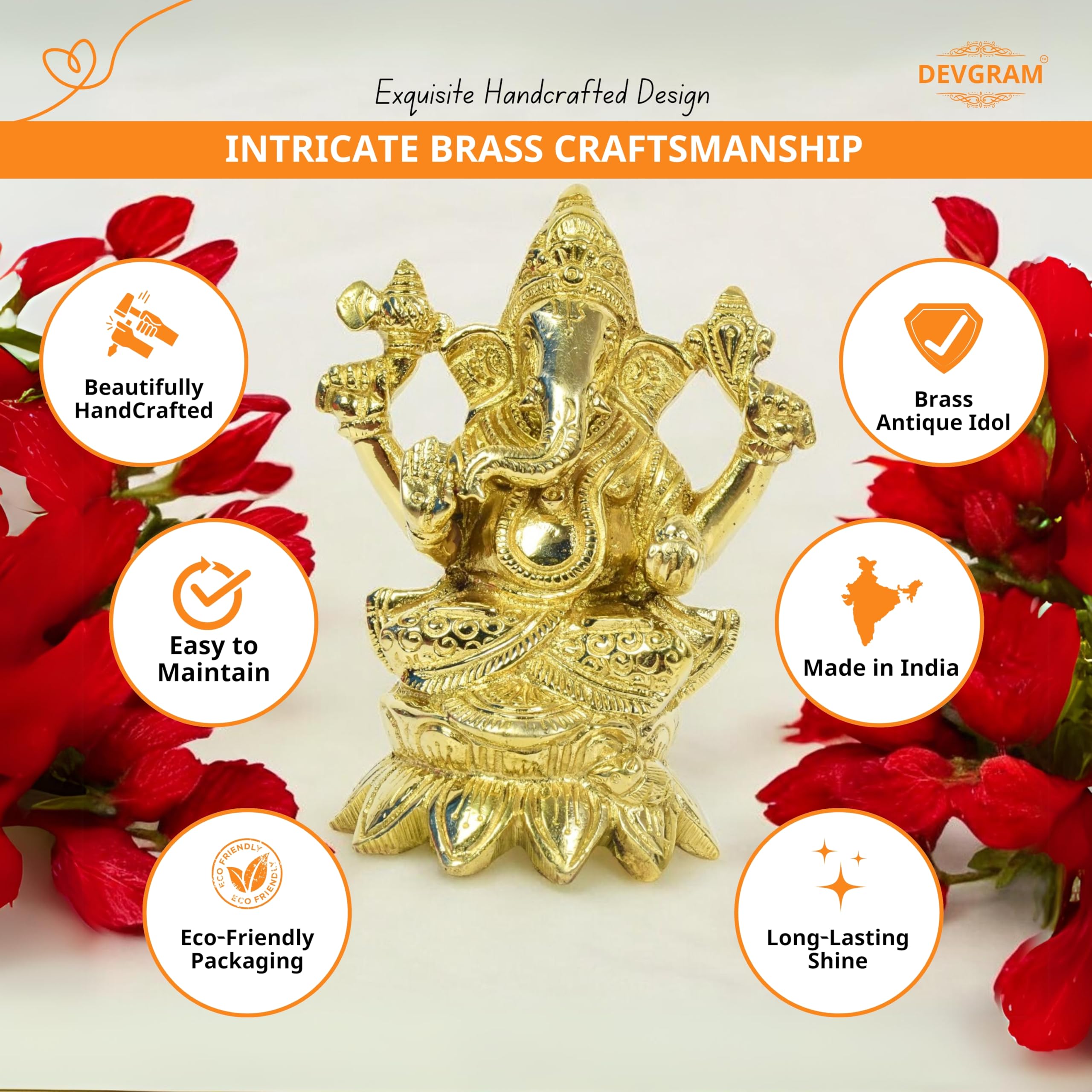 Devgram Brass Ganesh Idol - 5 Inch Brass Ganpati Murti God Sitting Ganesha Vinayak Murti | Showpiece For Home Dcor, Office, Vast
