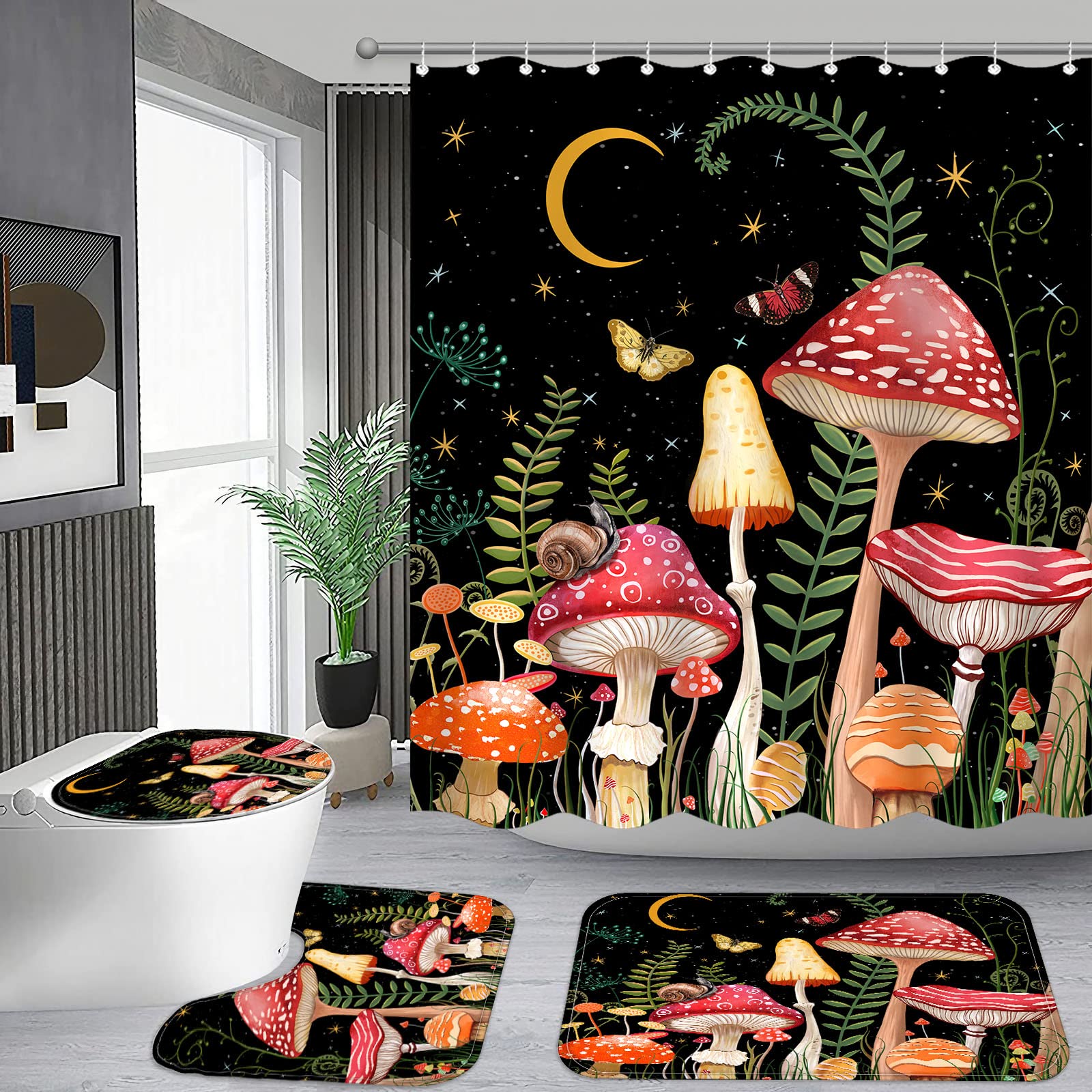 Fungarth 4 Pcs Mushroom Shower Curtain Set With Rug Black Red Floral Bathroom Sets With Waterproof Fabric Shower Curtain And Non