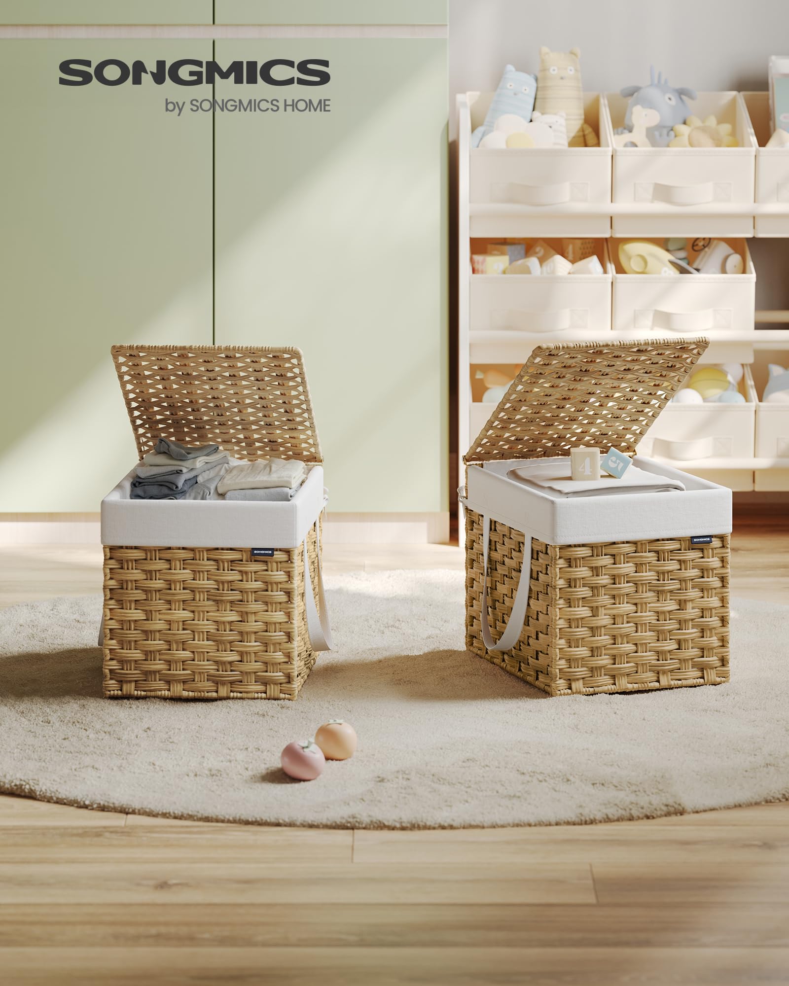 Songmics Slim Laundry Hamper With Lid, 14.5 Gallon (55L) Rattan Clothes Laundry Basket With Lid And Handles, Foldable, Removable