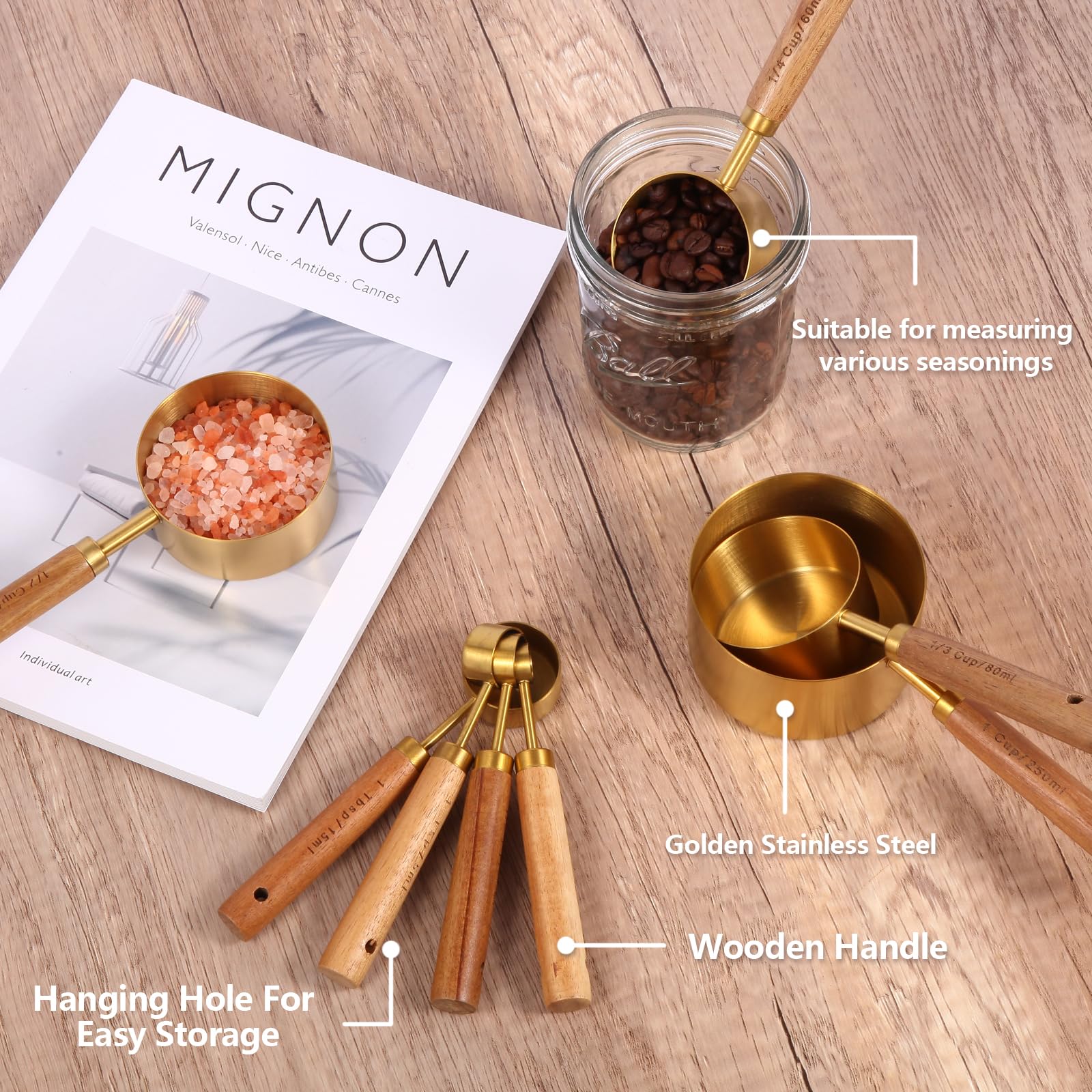 Gold Measuring Cups And Spoons Set With Fragrant Wood Handles, Premium Stainless Steel Measuring Spoons And Measuring Cups Set,