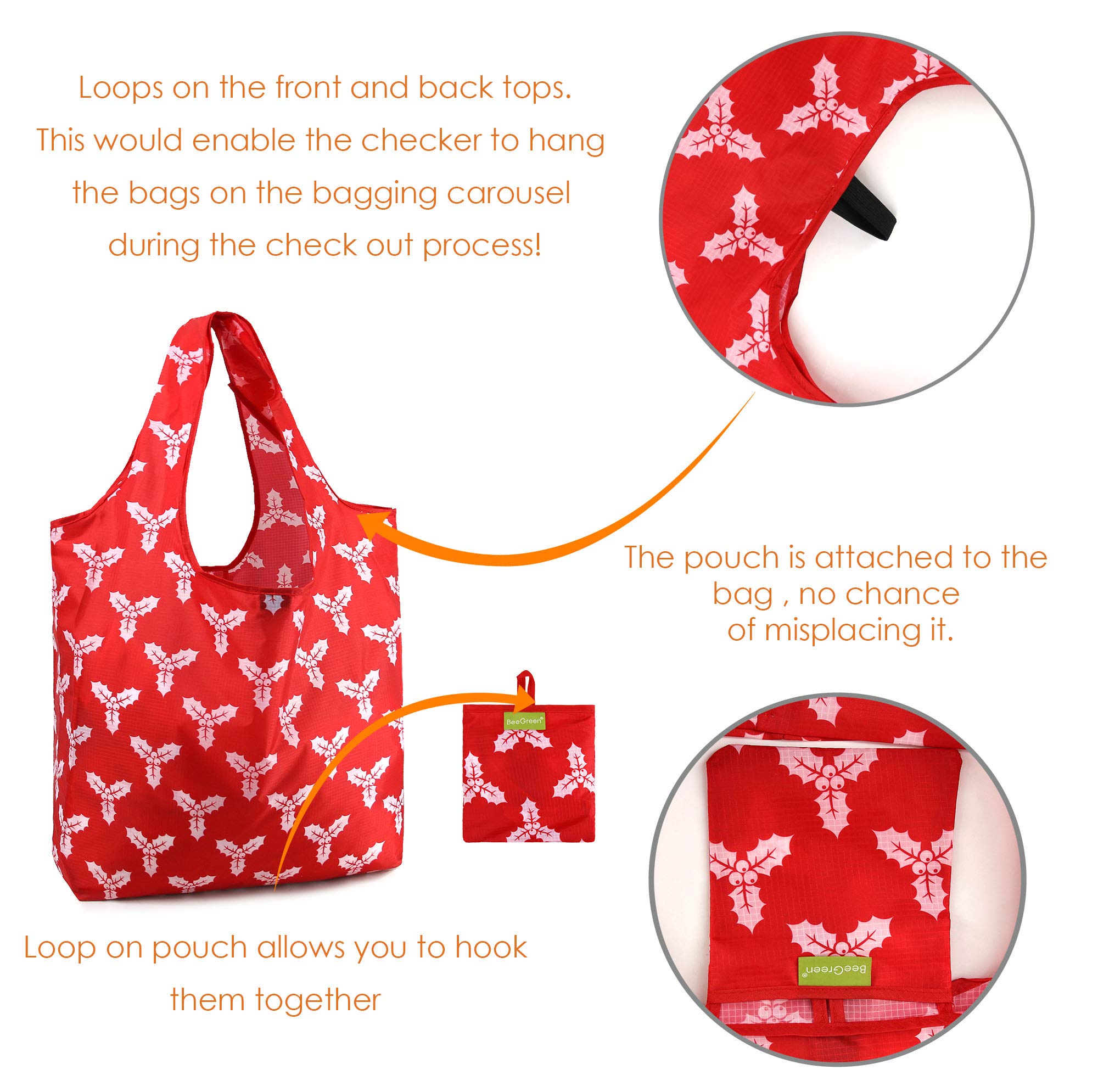 BeeGreen Christmas Red Reusable Grocery Bags 12 Pack with Storage Pouch & Elastic Band Gift Bags Shopping Tote Bags Bulk Ripstop