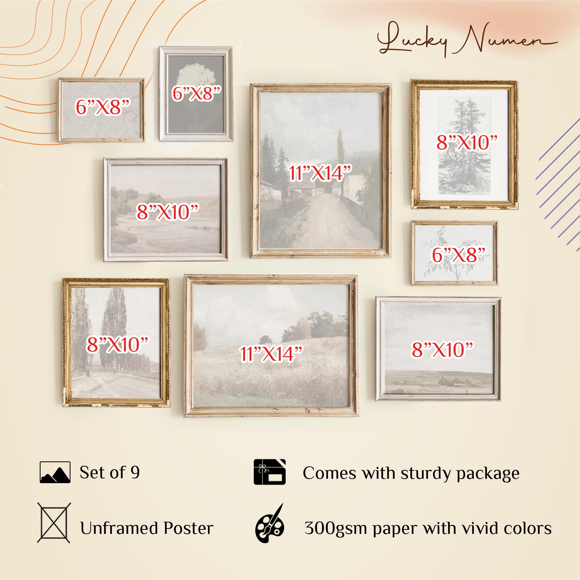 Vintage Landscape Wall Art - Set 9 French Country Vintage Antique Warm Aesthetic Gallery Wall Art, Sketch Poster Farmhouse Wall