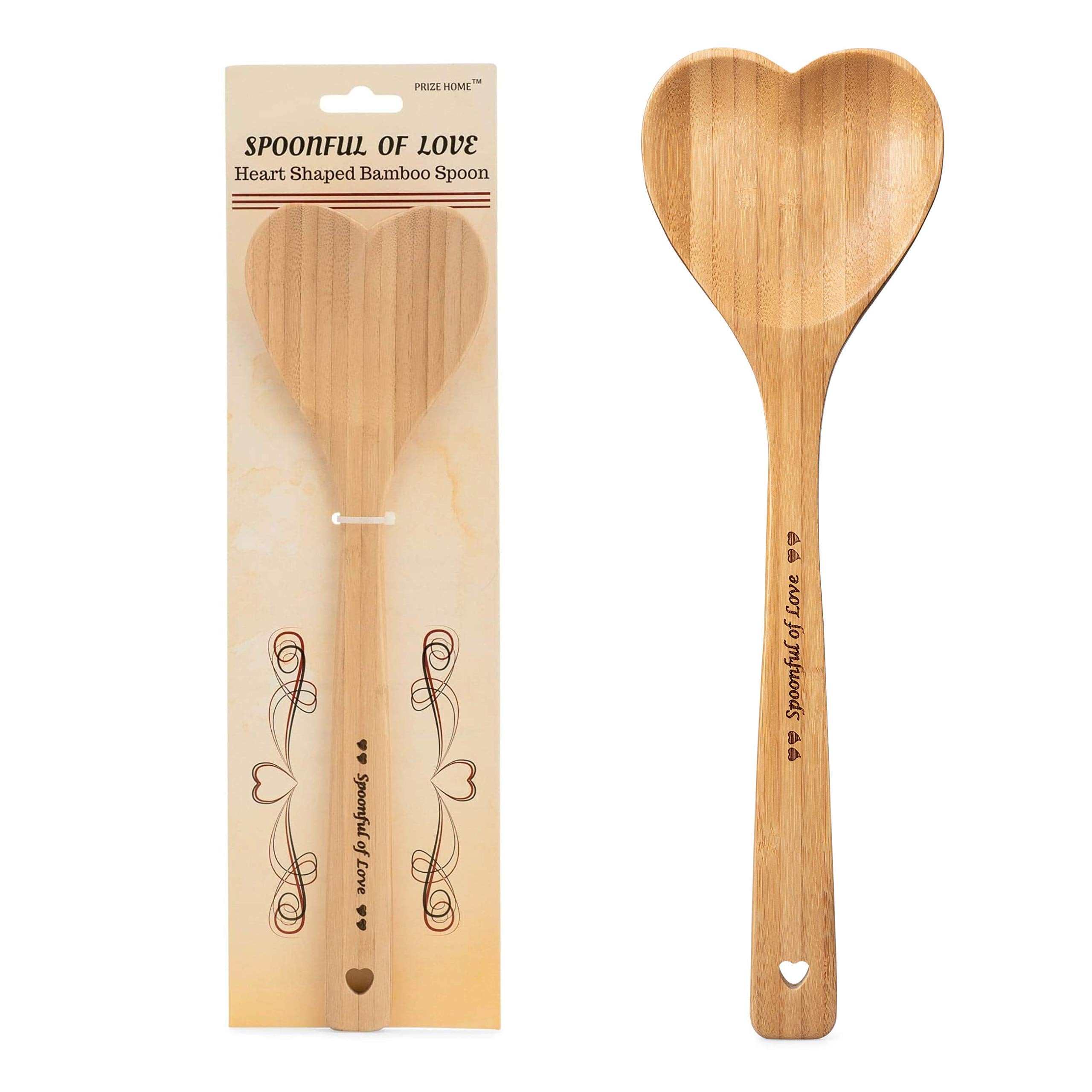 Heart Shaped Bamboo Spoon - Engraved Spoonful Of Love Wooden Serving Mixing Spoon - Vintage Country Kitchen Wood Utensil - Uniqu