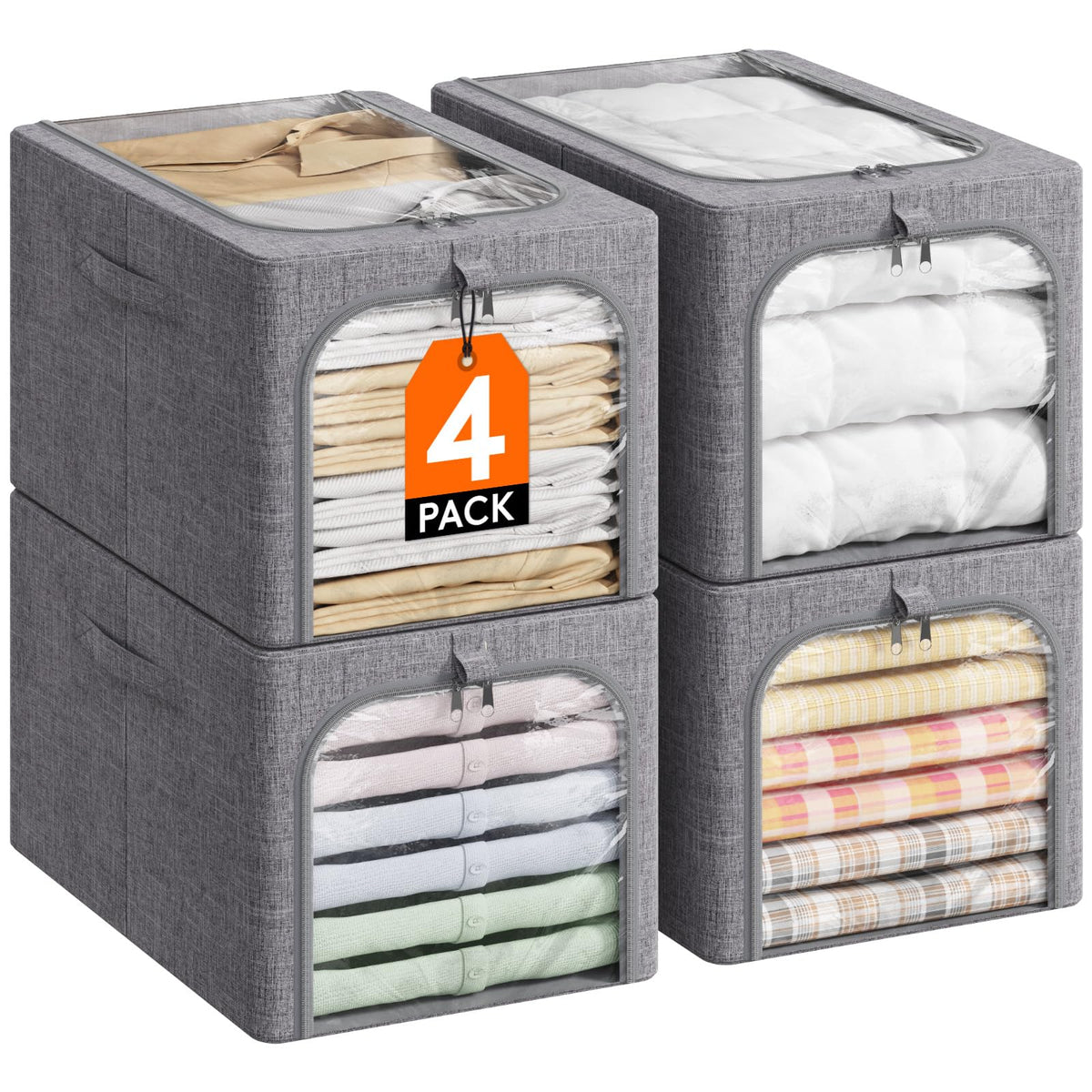 Lifewit 4 Pack Clothes Storage Bins with Metal Frame, Foldable Clothing Storage Bins with Lids, 40L Stackable Storage Box Storag