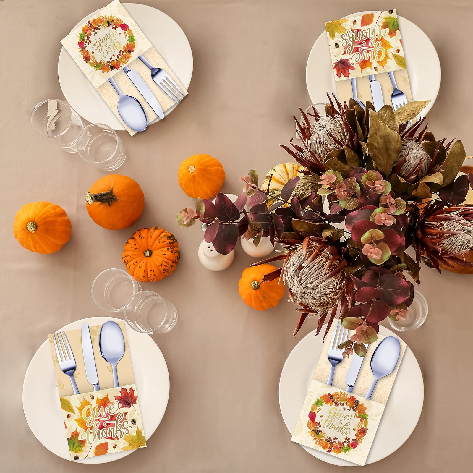 Thanksgiving Cutlery Holder Gold Foil With Give Thanks Maple Leaf Design, Utensil Holder For Autumn Harvest Party Table Decorati