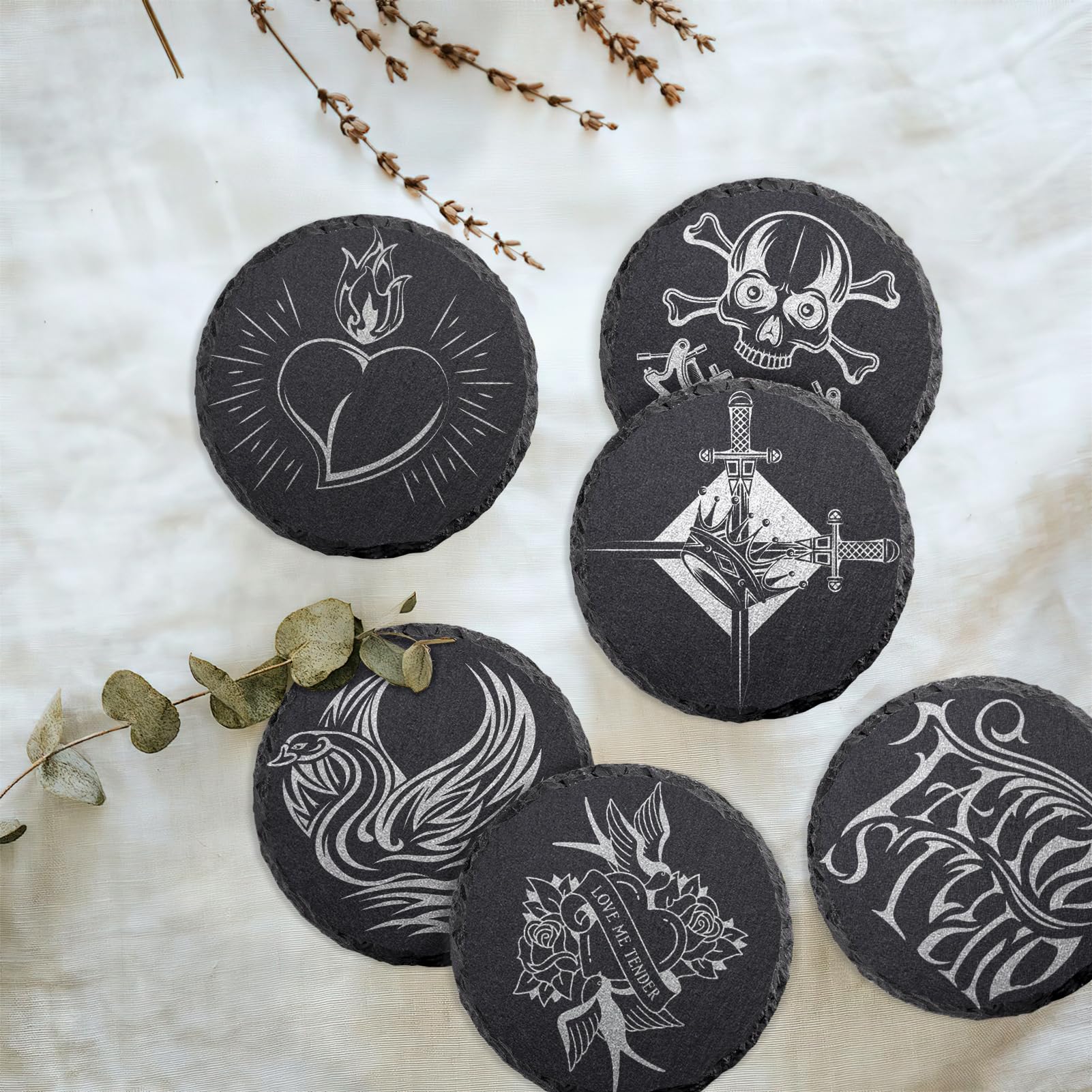 4 PCS Round Slate Drink Coasters Set  SIJDIEE 4 Inch Black Slate Stone Coasters with Anti-Scratch Bottom and Coaster Holder for Office Bar Kitchen Home Dinner Table Decor Supplies