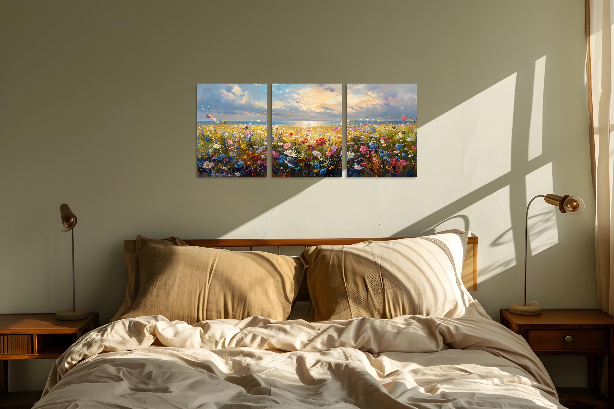 Tutubeer 3 Pcs Wildflower Field Artwork Rustic Wildflower Field At Beach Vintage Wall Art Canvas Prints Wild Flower Wall Art Rus