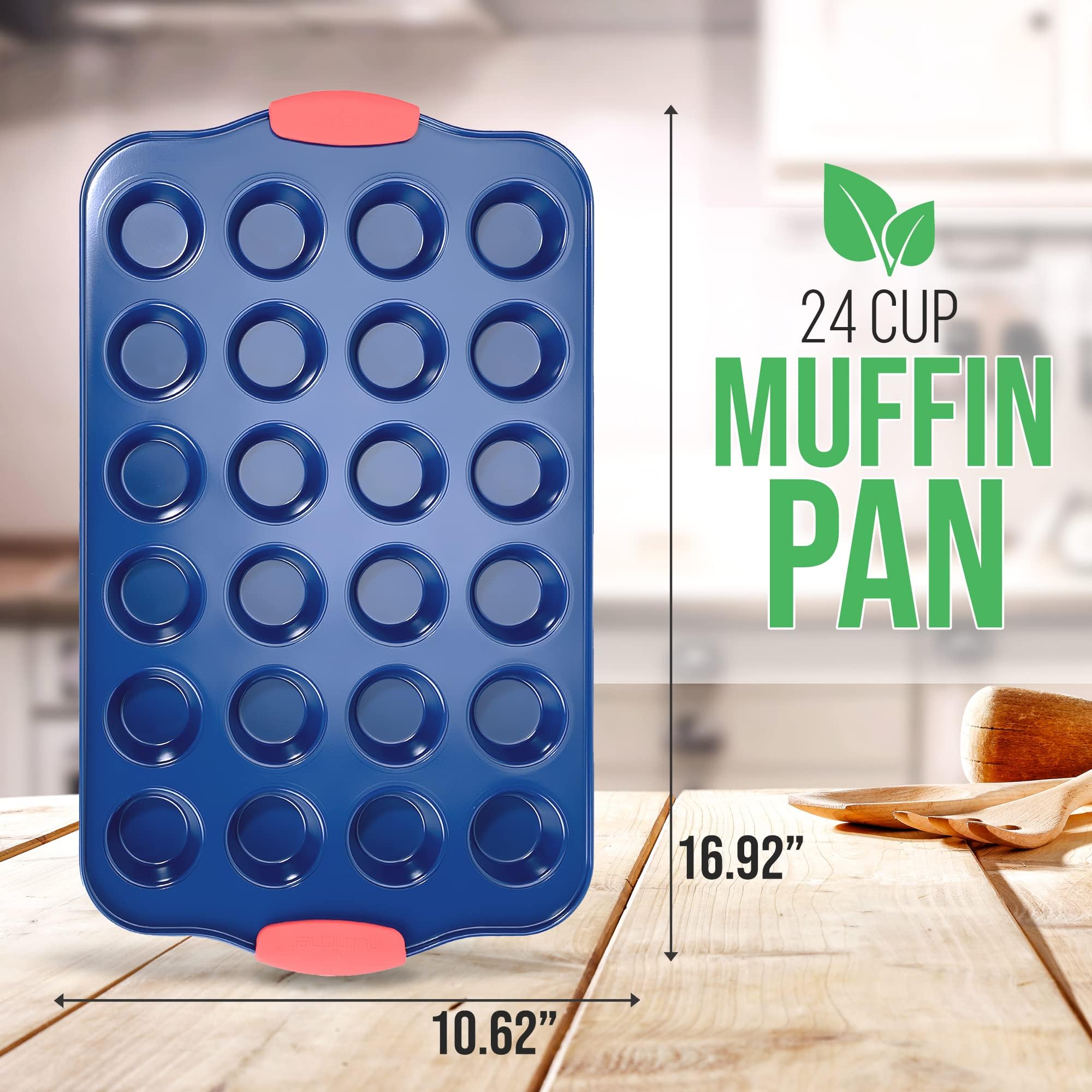 Nutrichef 17    Nonstick Mini Muffin Pan - Premium Carbon Steel 24 Cup Baking Tray W/ Red Silicone Handles, Easy To Clean Mini C