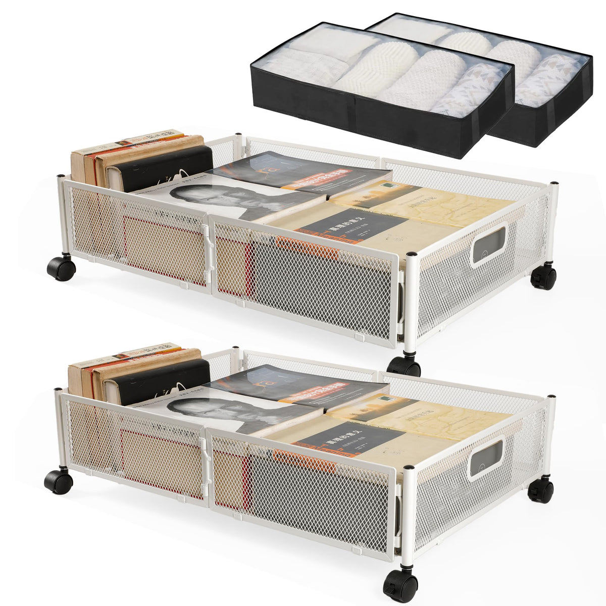 2pcs Large UnderBed Storage with Wheels - Sturdy White Under Bed Storage with Wheels and cover - Under the Bed Shoe Storage with