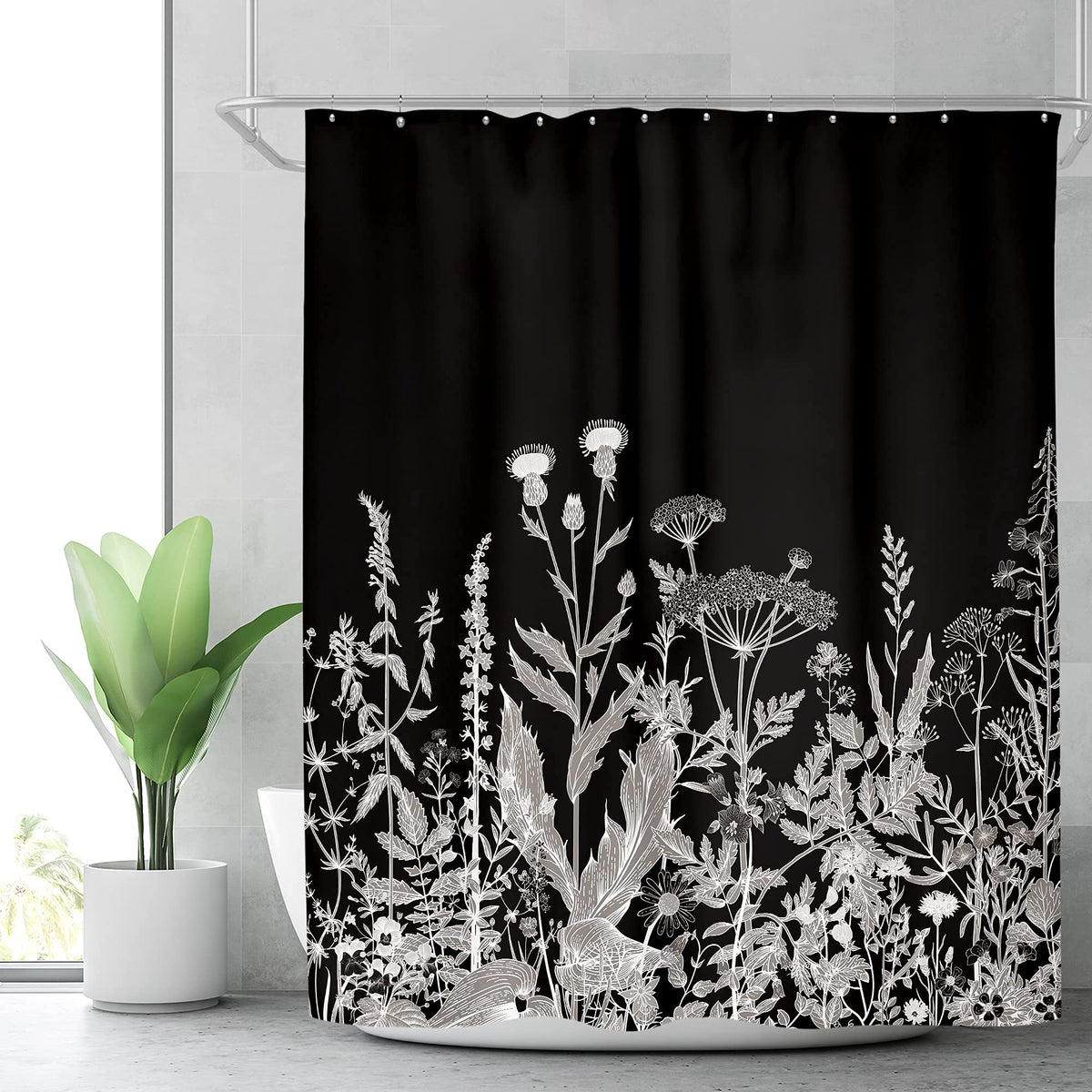 Riyidecor Wild Floral Wildflower Shower Curtain Botanical Herbs Black Plant Nature Blossom Flower Leaf Sketch Waterproof Fabric