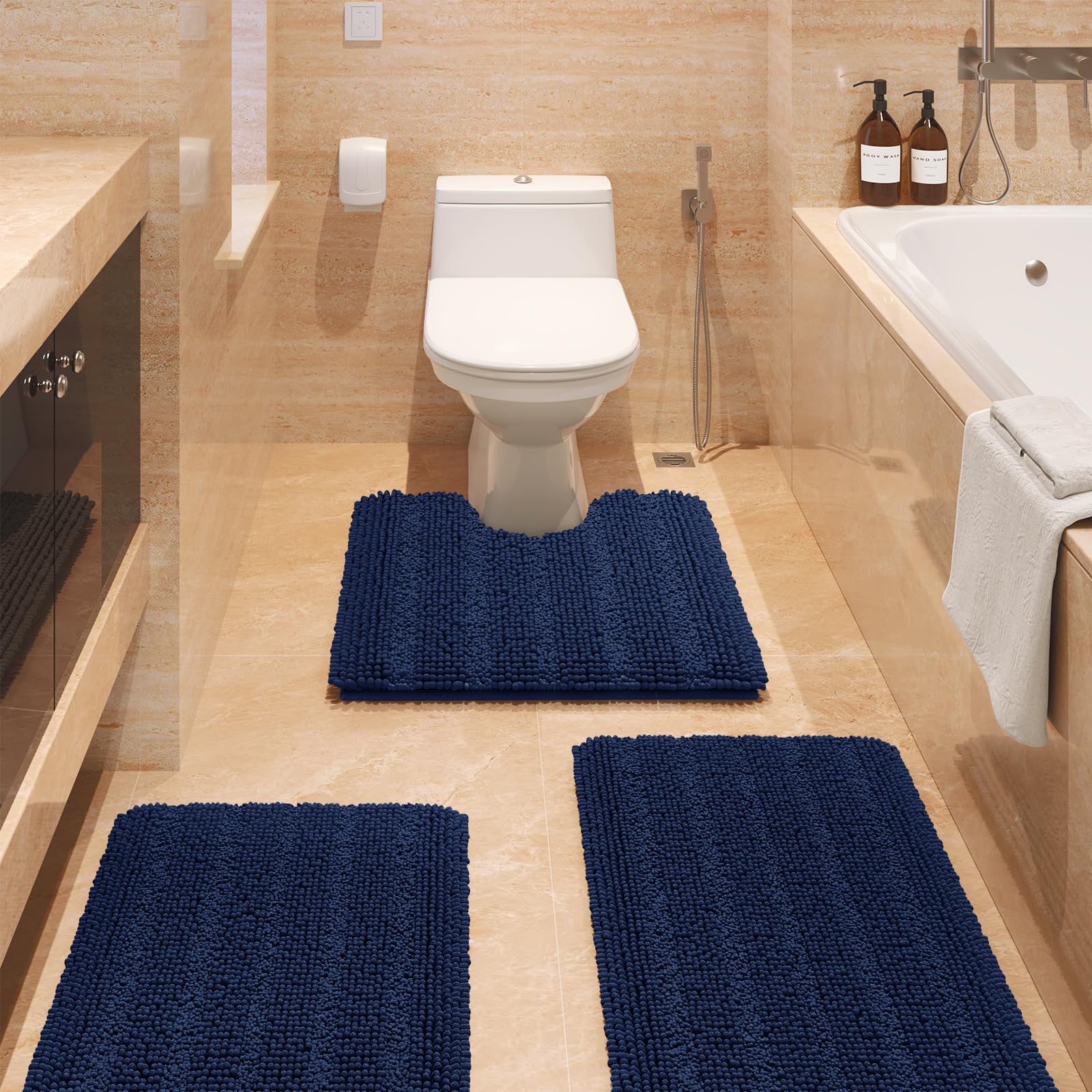 Accumtek Striped Navy Blue Bathroom Rug Set 3 Pieces Ultra Soft, Non Slip Chenille Toilet Mat, Absorbent Plush Shaggy Bath Mats