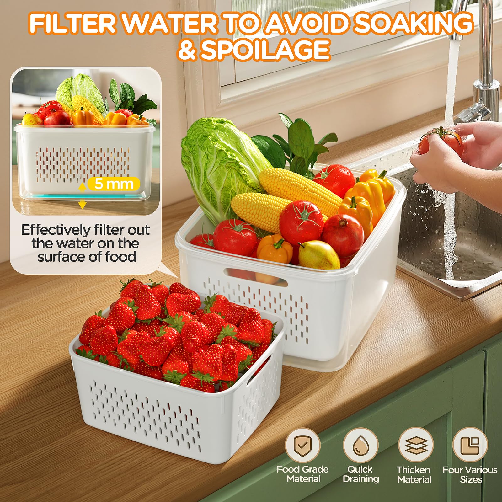 5-Pack Fruit Storage Containers For Fridge With Removable Colanders, 4 In 1 Produce Storage Containers With Lids, Leakproof Frid