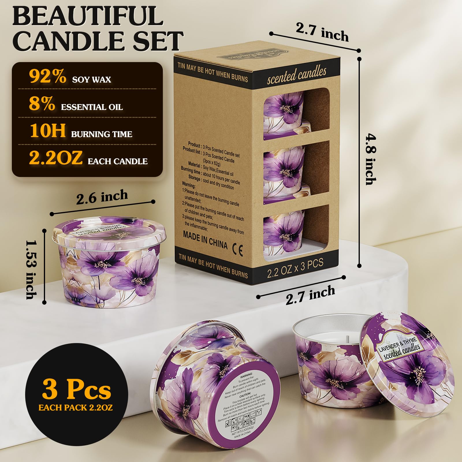 3-Pack Aromatherapy Candle Set - Travel-Size Lavender & Thyme Scented Candles 2.2oz Each | 10+ Hour Relaxing Long-Lasting Burn |