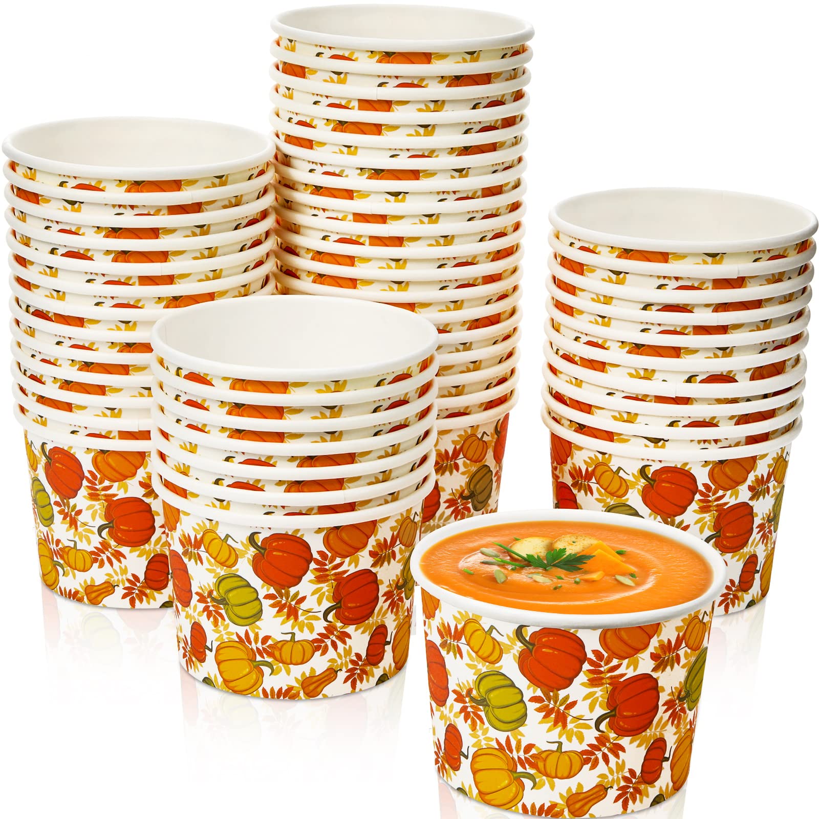 Potchen 50 Pack 9 oz Fall Soup Bowls Disposable Paper Cups Fall Themed Disposable Dessert Bowls Pumpkin Paper Snack Cups for Hot