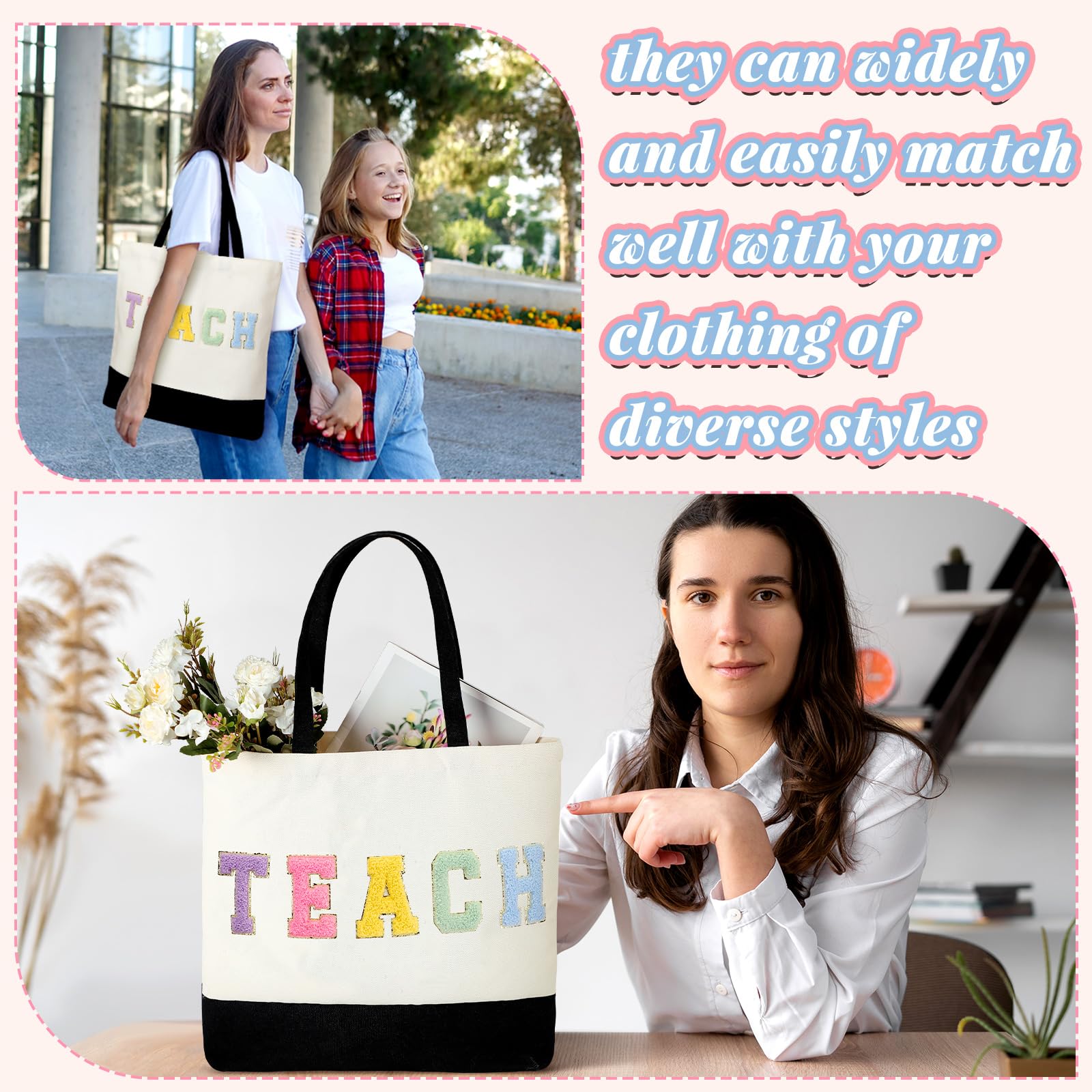Buryeah 2 Pcs Teacher Appreciation Gift Canvas Tote Bag with Makeup Bag Thank You Teacher Tote for Women Graduation(Letter)