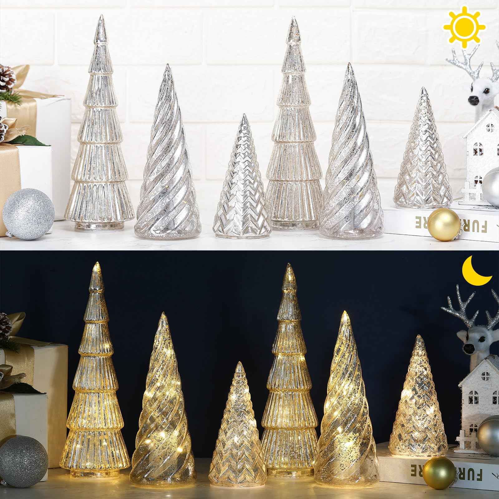 LOYIM 6 Pcs Mercury Glass Christmas Tree Silver Plate Glass Figurines with LED Fairy Lights 11 in Tall Silver Finish Light up Ch