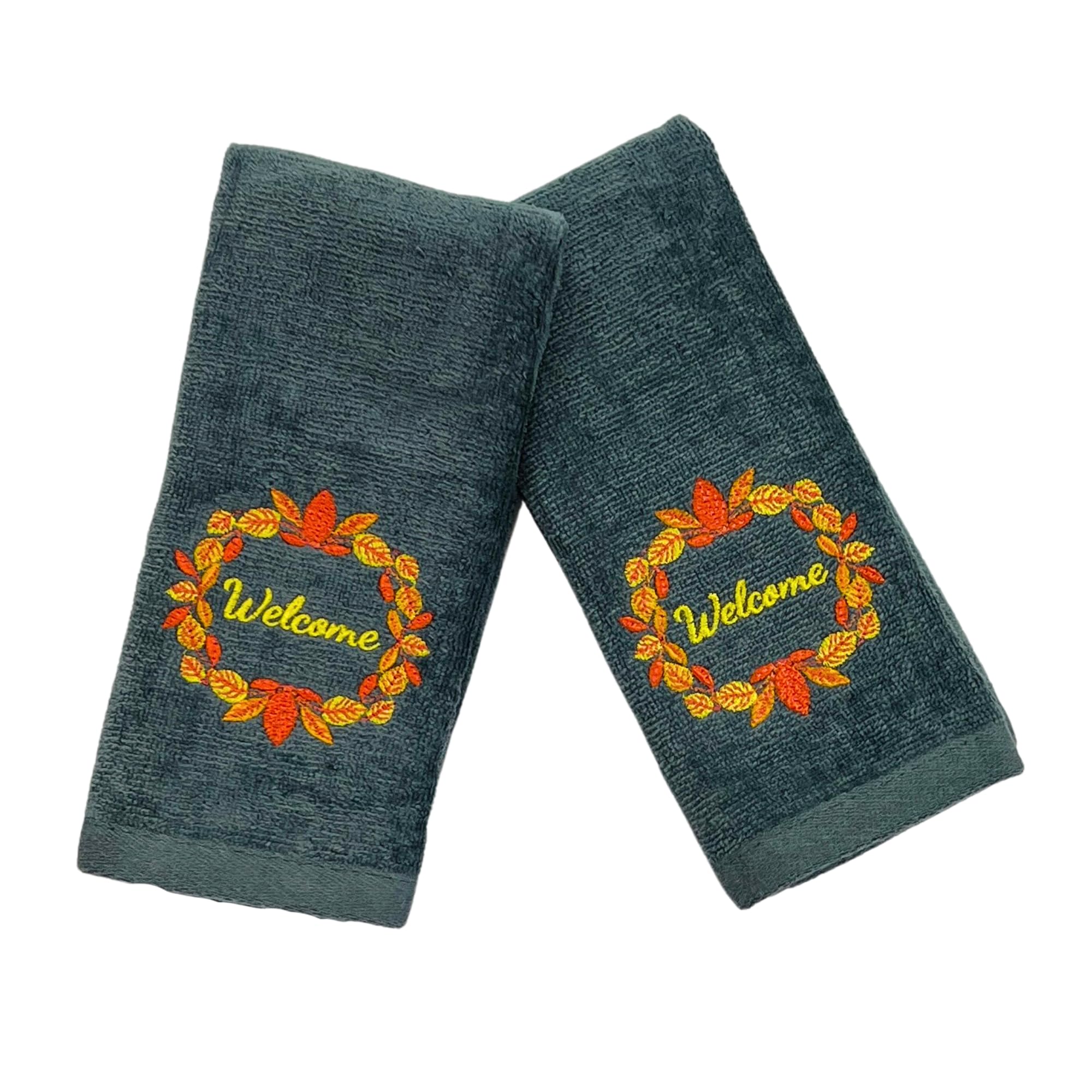 Decorative Fall Harvest Hand Fingertip Towels: Cute Welcome Wreath On Plush Soft Cotton Grey Orange, Set Of 2 12'' X 18''