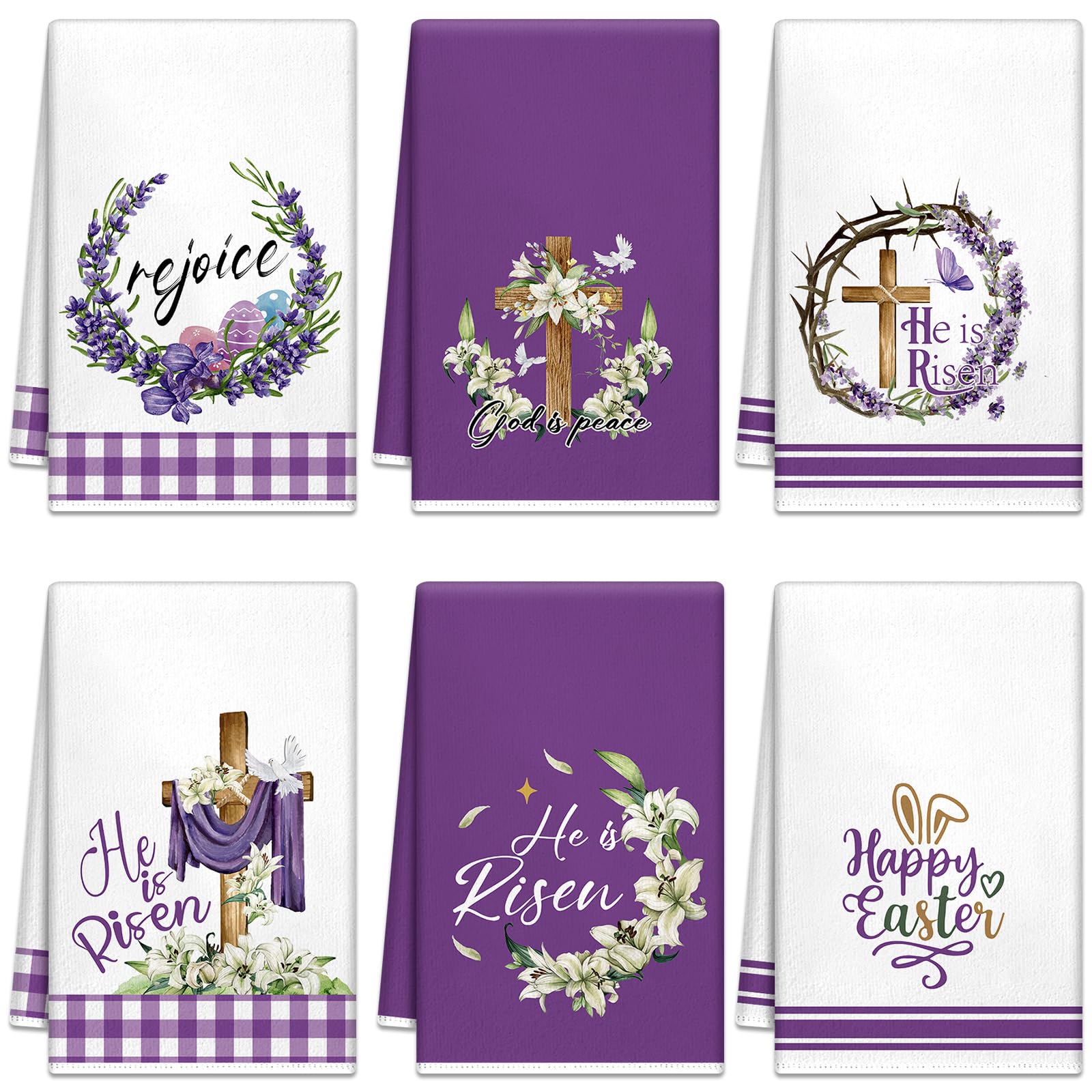 Peryiter 6 Count Easter Kitchen Dish Towel He is Risen Religious Cross Hand Towels 14 x 21 Inch Absorbent Purple Christian Easte