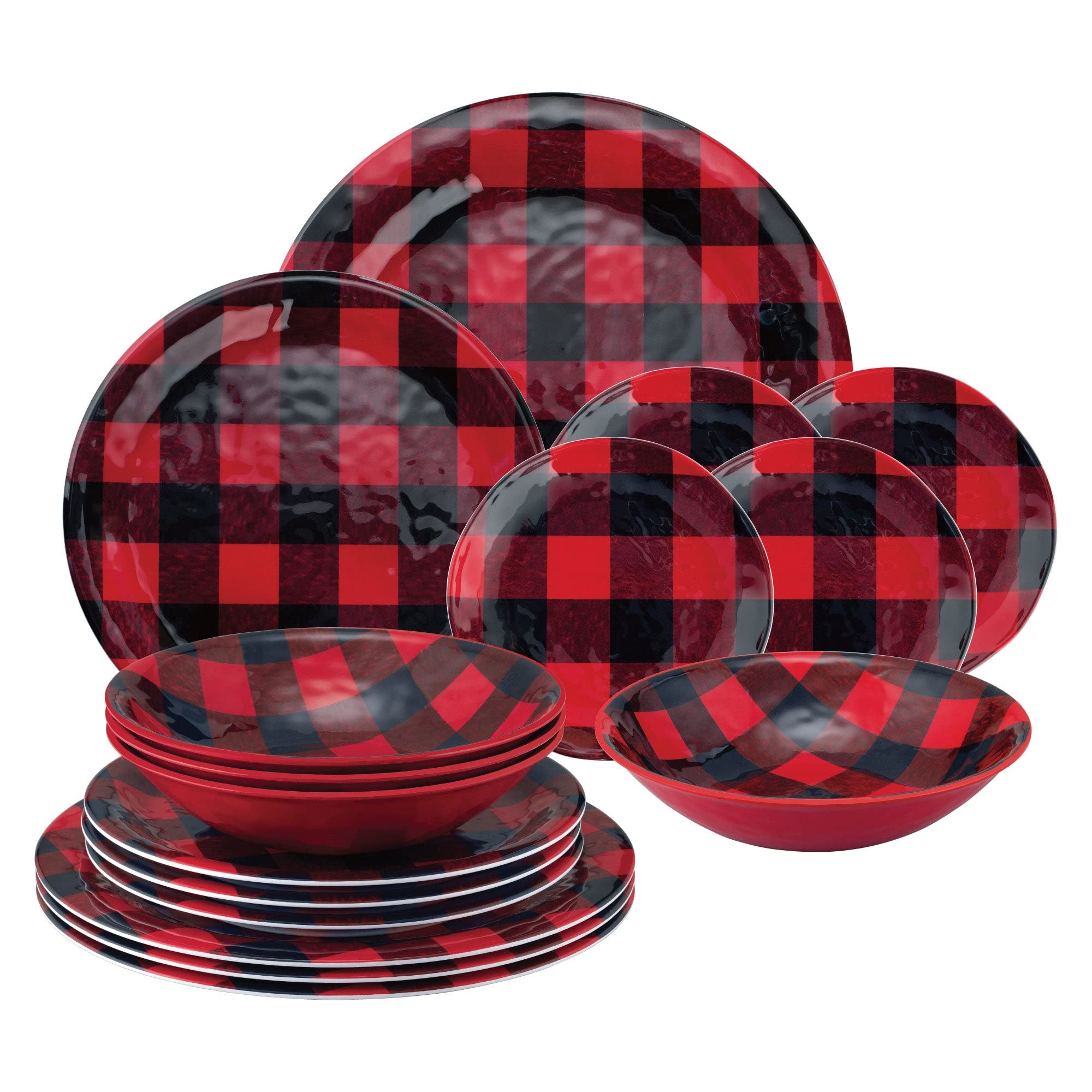 UPware 16-Piece Melamine Dinnerware Set, Includes Dinner Plates, Salad Plates, Dessert Plates, Bowls, Service for 4. (Pinecones)