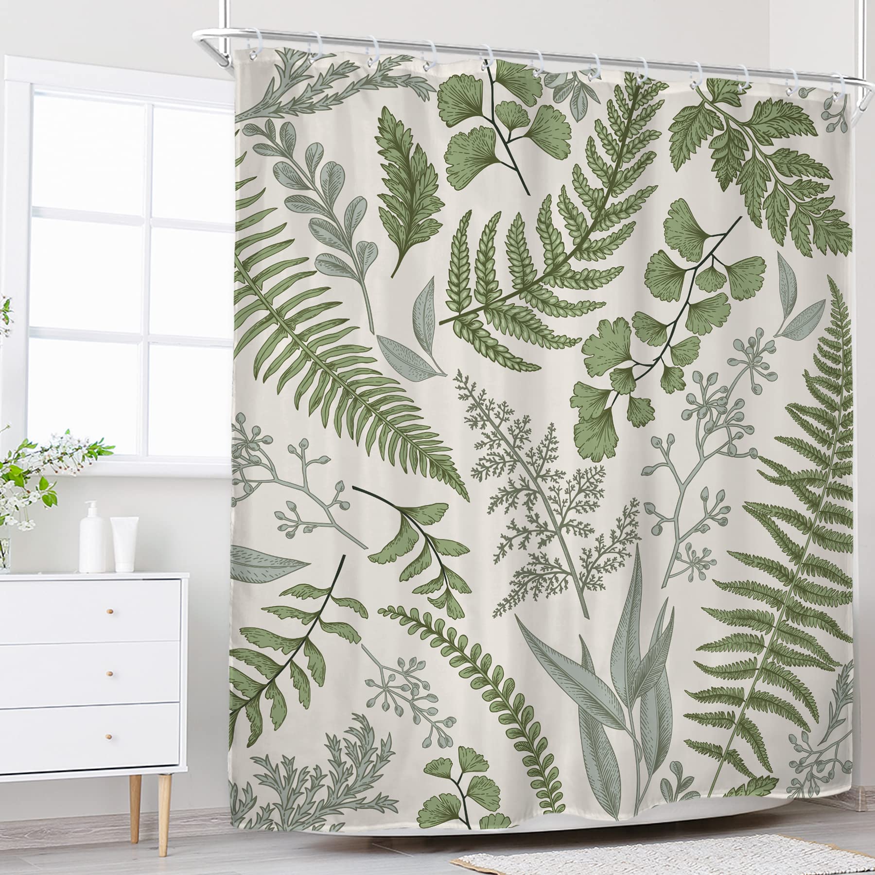 Riyidecor Sage Green Fern Leaves Shower Curtain for Bathroom Decor 60Wx72H Rural Eucalyptus Plant Natural Farmhouse Floral Botanical Beige Art Printed Fabric Polyester Waterproof 12 Pack Plastic Hooks
