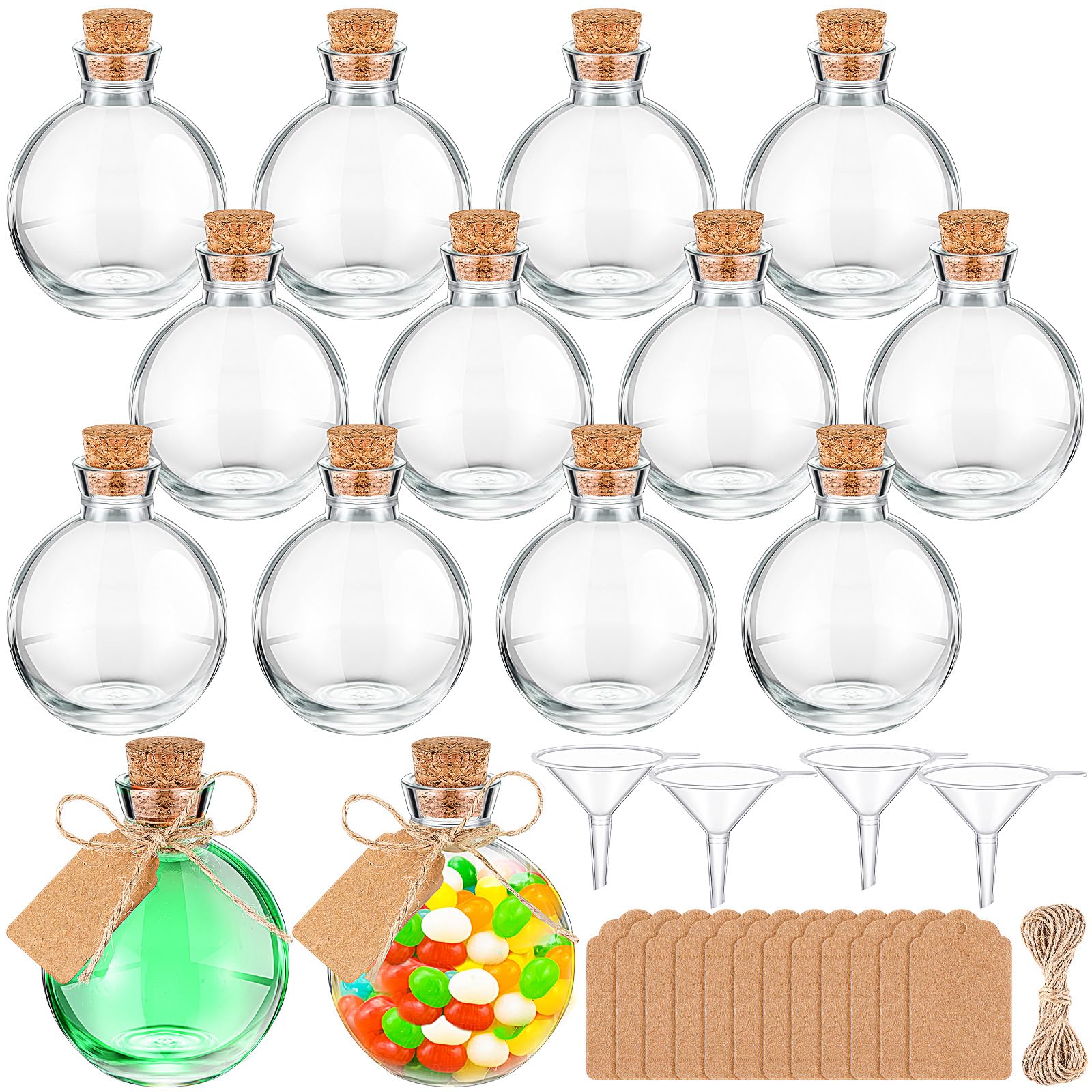 Baderke 12 Sets 5 oz Mini Glass Bottle with Cork Lids Round Small Decorative Jar Ball Shaped Glass Potion Bottles with Tags, Rop
