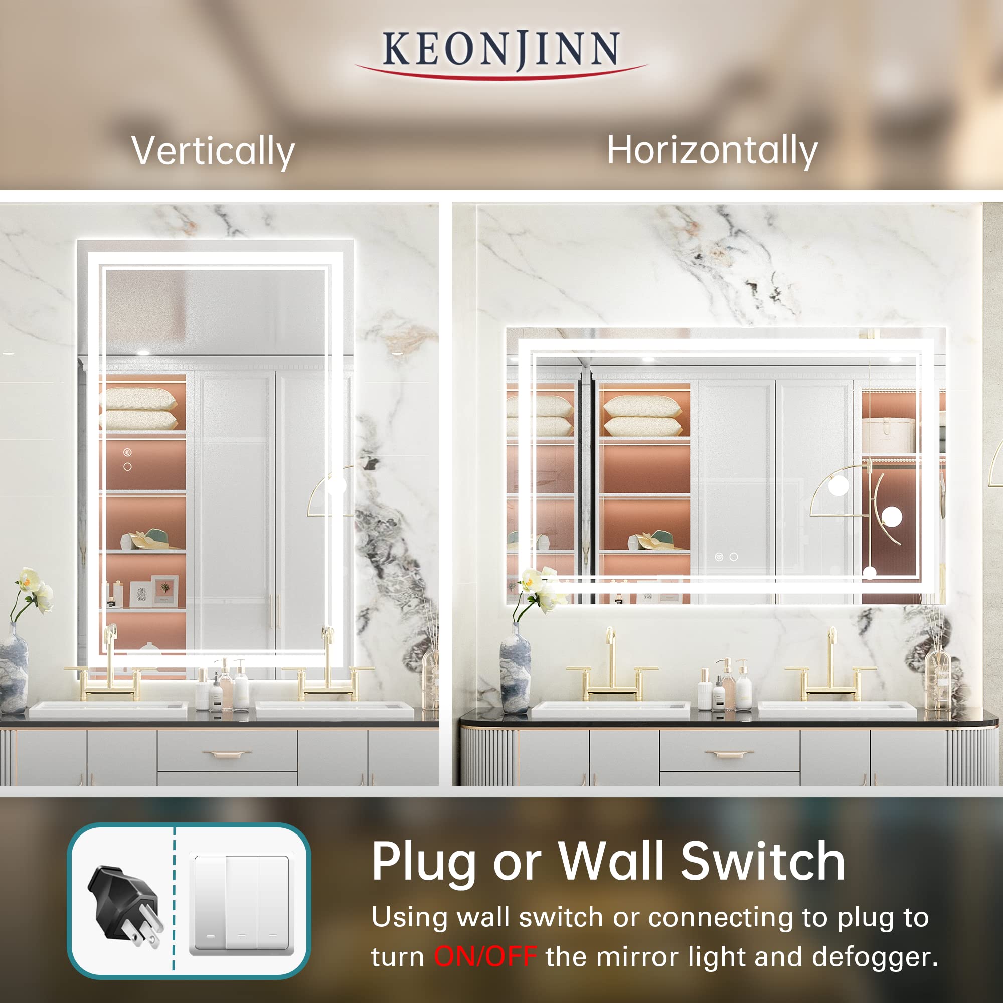 Keonjinn 48 x 30 Inch LED Mirror Lighted Bathroom Mirror with Lights  LED Vanity Mirror  Wall Mounted Anti-Fog Dimmable Front Light Makeup Mirror  IP54  CRI=90  6000K(Horizontal or Vertical)