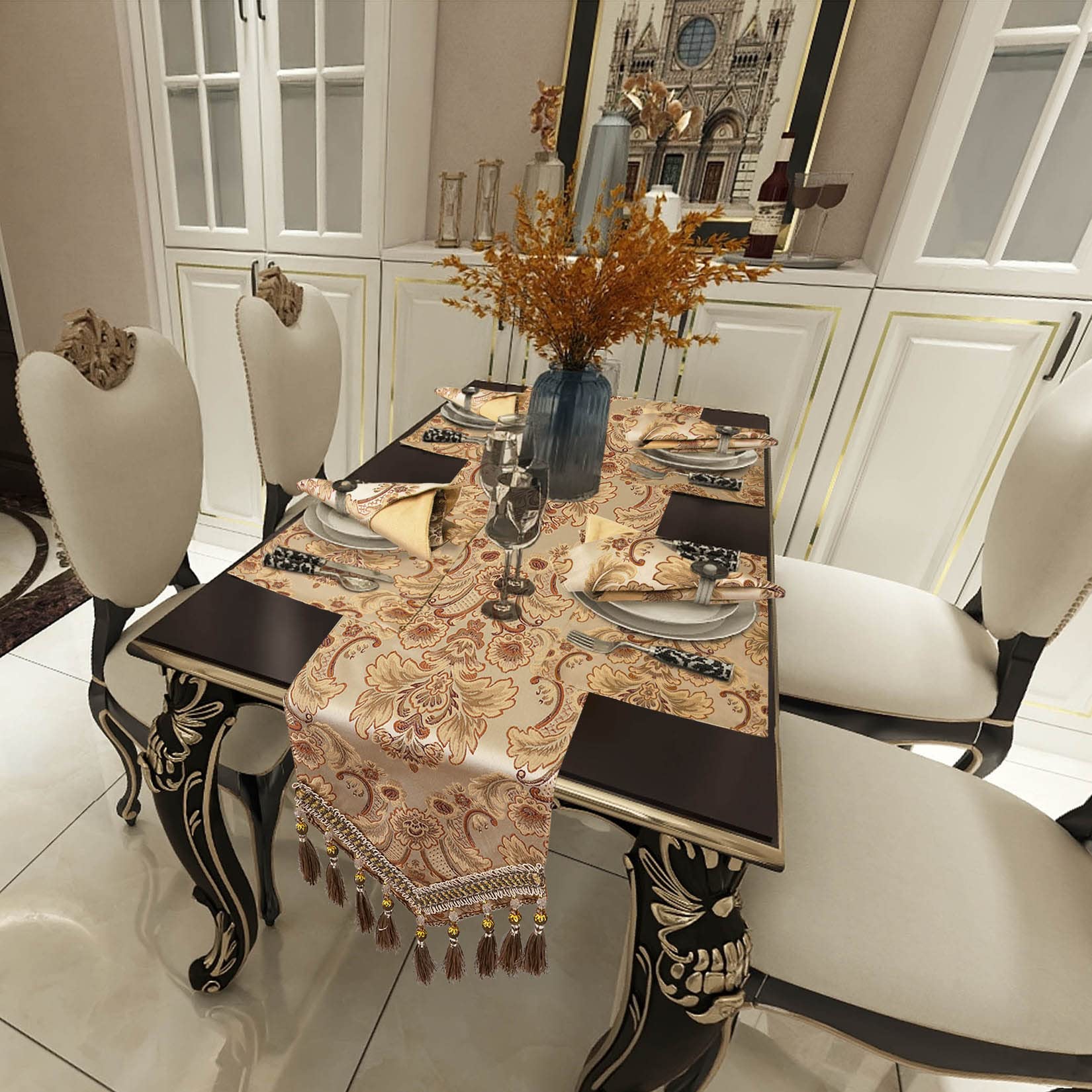 Grelucgo Luxury Thick Lined Damask Table Runners With Multi-Tassels (12X72 Inch)