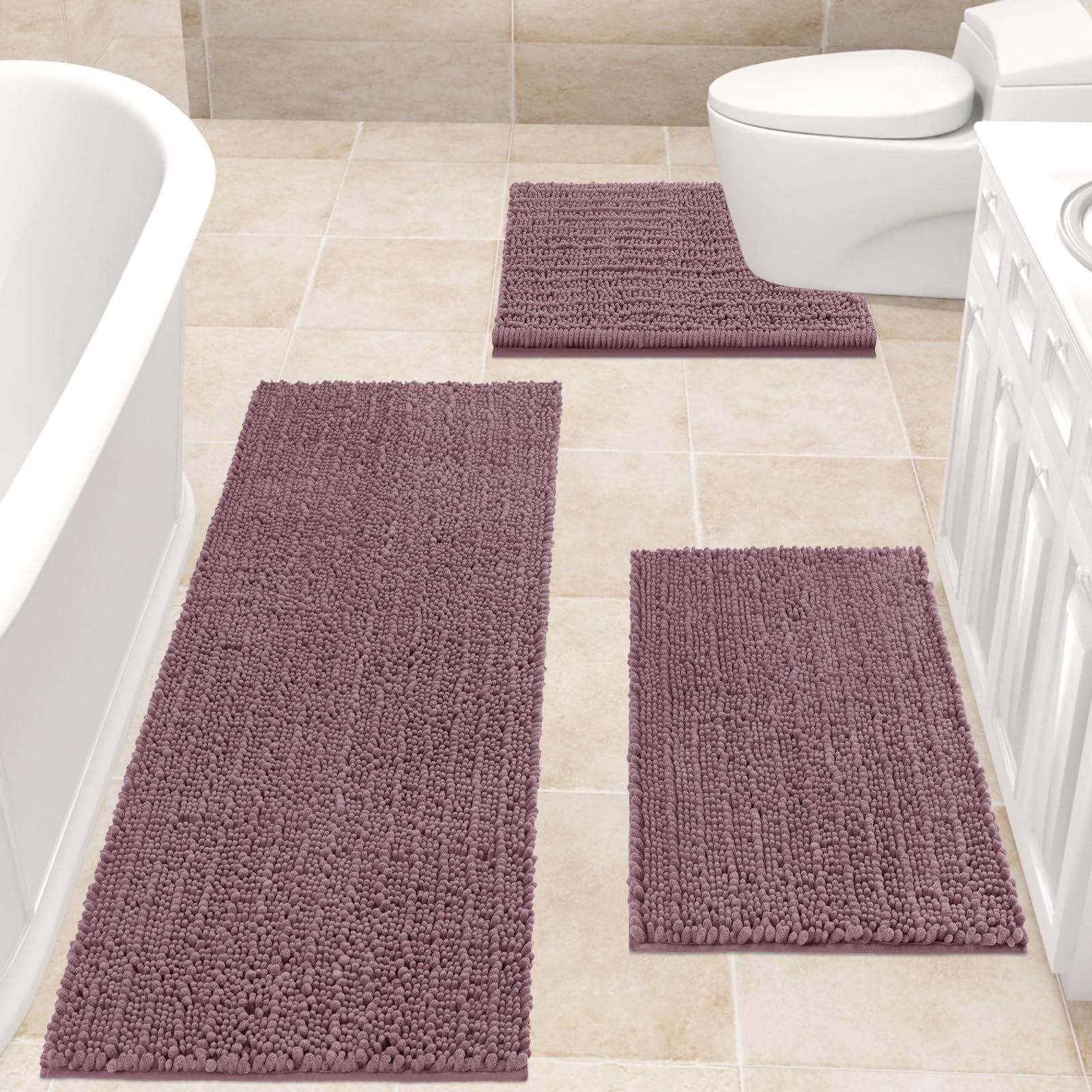 Accumtek Upgrade Extra Large Mauve Bathroom Rug Set 3 Pieces Ultra Soft, Thick Absorbent Bath Mats, Non Slip Chenille Toilet Mat