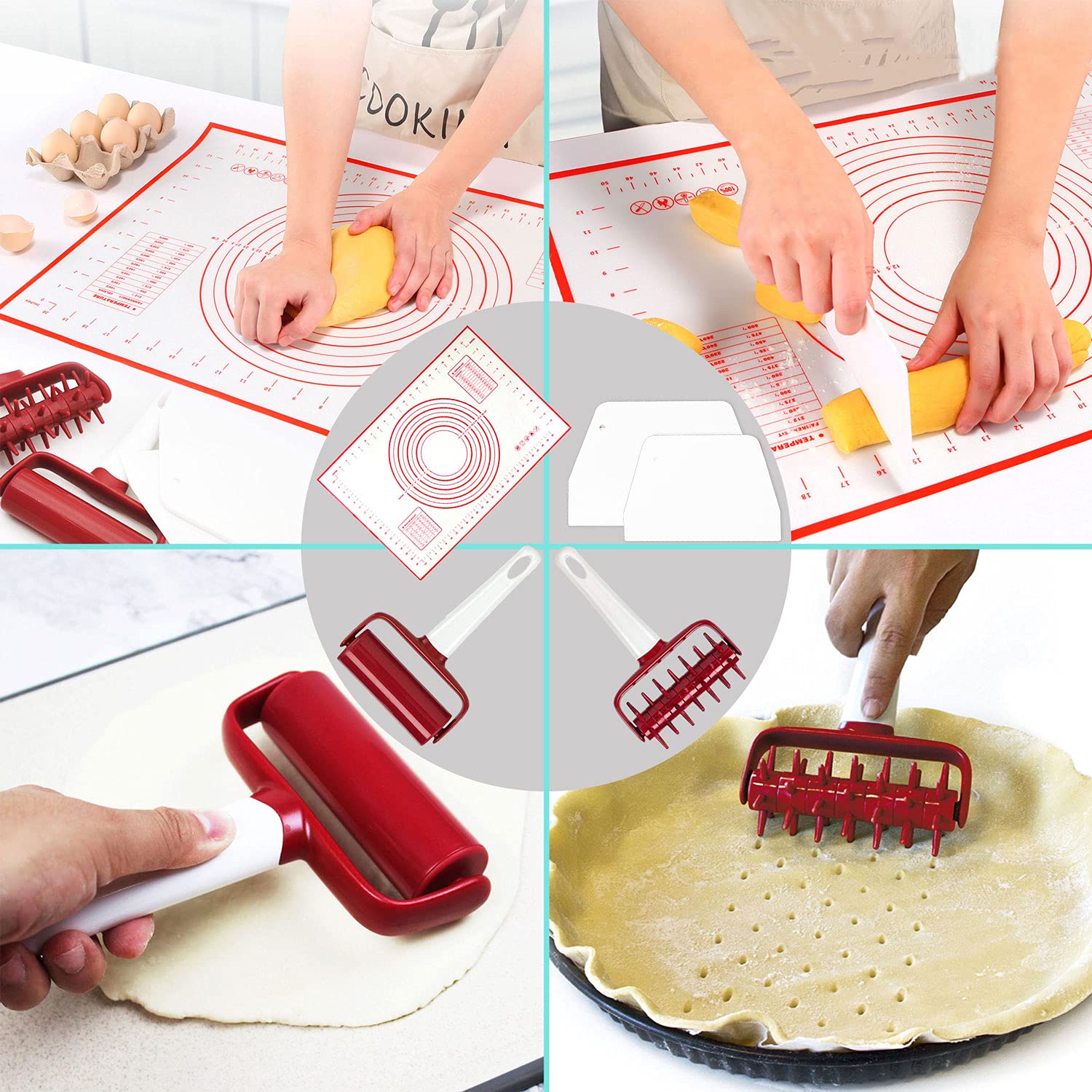 Aoobaba Pizza Dough Roller And Docker And Silicone Pastry Dough Mat And Dough Scraper Cutter Time-Saver Dough Tools Set 5 Pieces