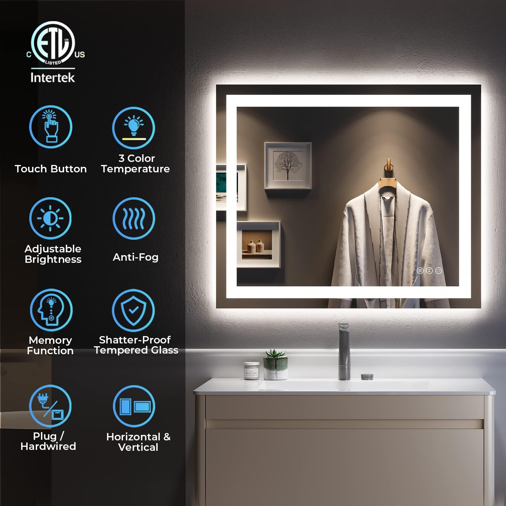 YEELAIT LED Bathroom Mirror with Lights 28x36 Inch Front and Backlit Lighted Vanity Mirror for Bathroom Wall with 3 Colors Dimmable Anti-Fog Memory Shatter-Proof IP54 Waterproof Horizontal/Vertical