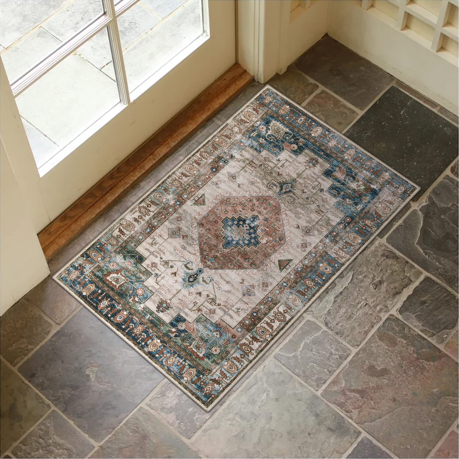 Collive Washable Indoor Doormat, Non Slip Retro Floor Mat 20 x 32 Area Rug Quick Absorbent Entrance Rug Distressed Front Door Ma