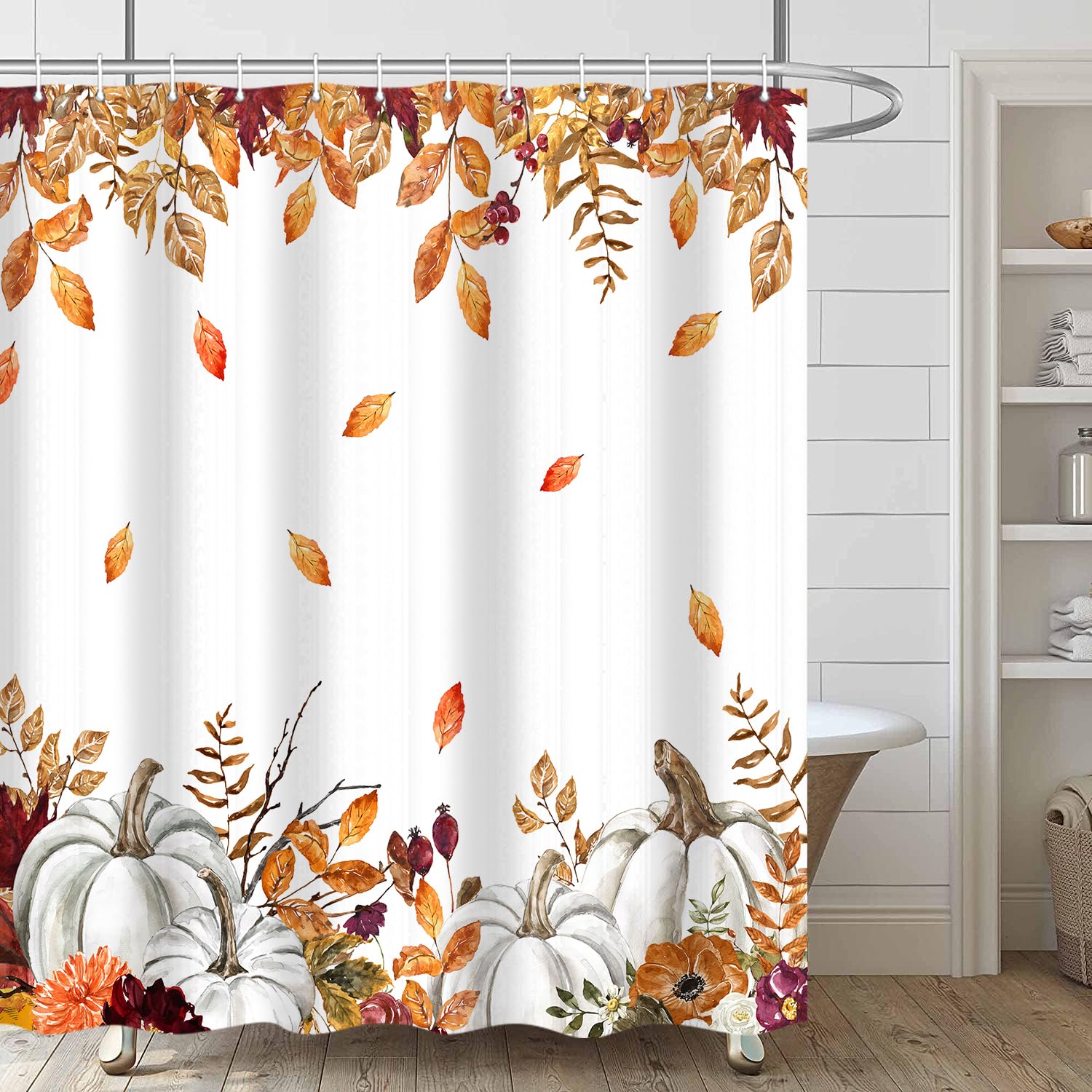 Itapnoom Fall Pumpkins Maple Leaf Shower Curtain, Autumn Leaves Harvest Thanksgiving Farmhouse Watercolor Seasonal Bathroom Curt