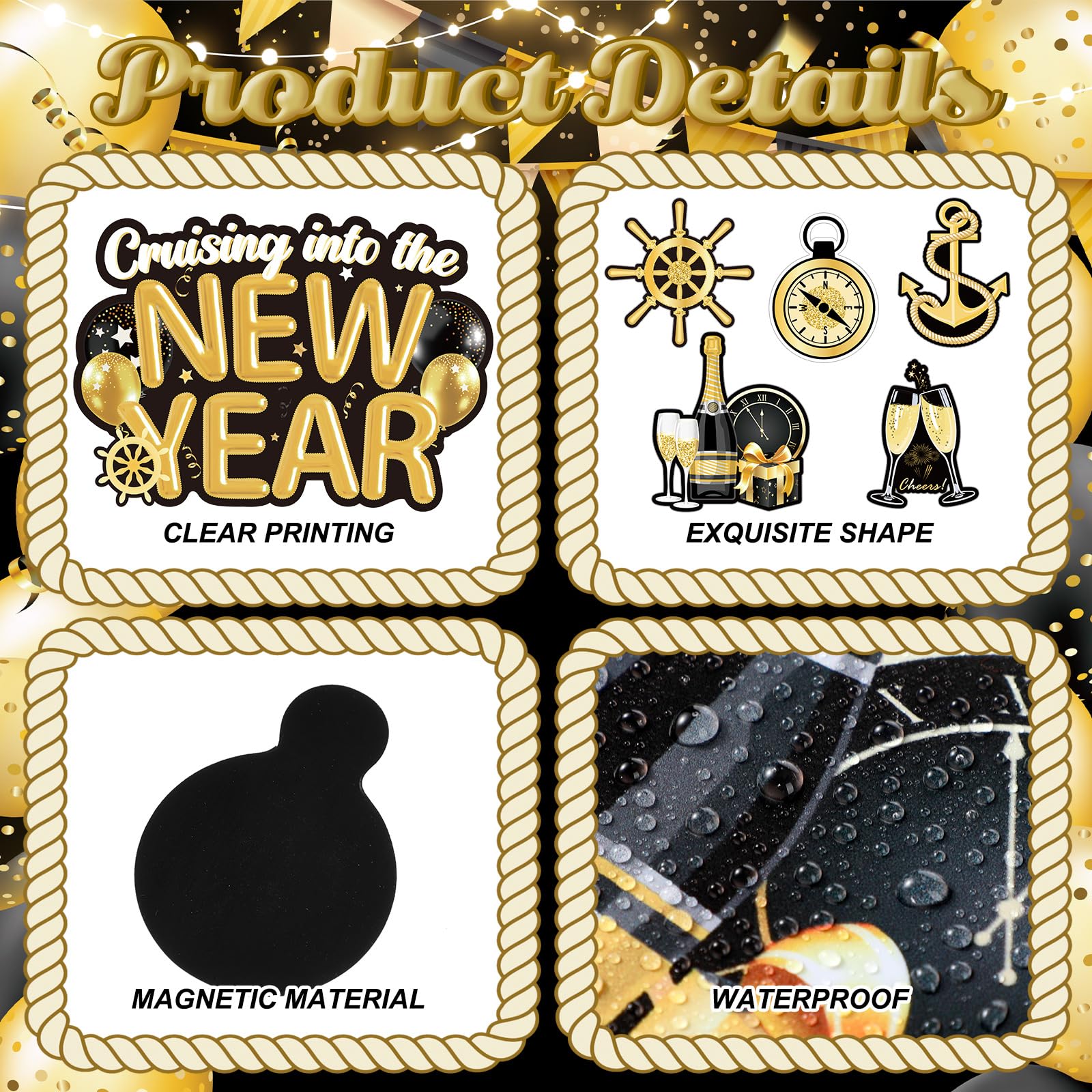 Xuhal 23 Pcs New Year Cruise Door Magnet Gold Black New Year Refrigerator Magnets Gnome Balloon Fridge Magnetic Stickers Garage