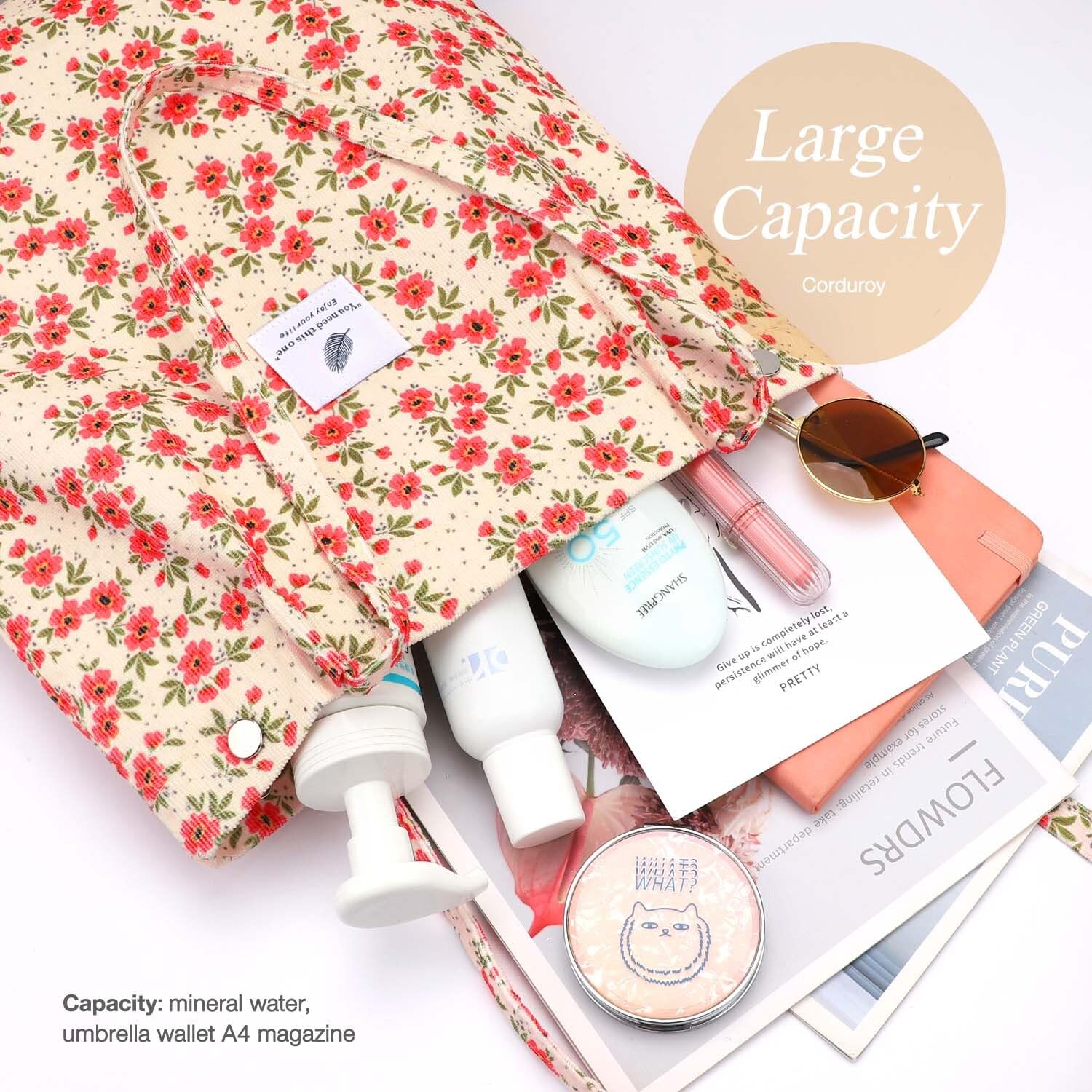 Lhmtqvk Corduroy Tote Bags For Women, Large Capacity Corduroy Bag Reusable Grocery Shoulder Bag With Inner Pockets(Floret)