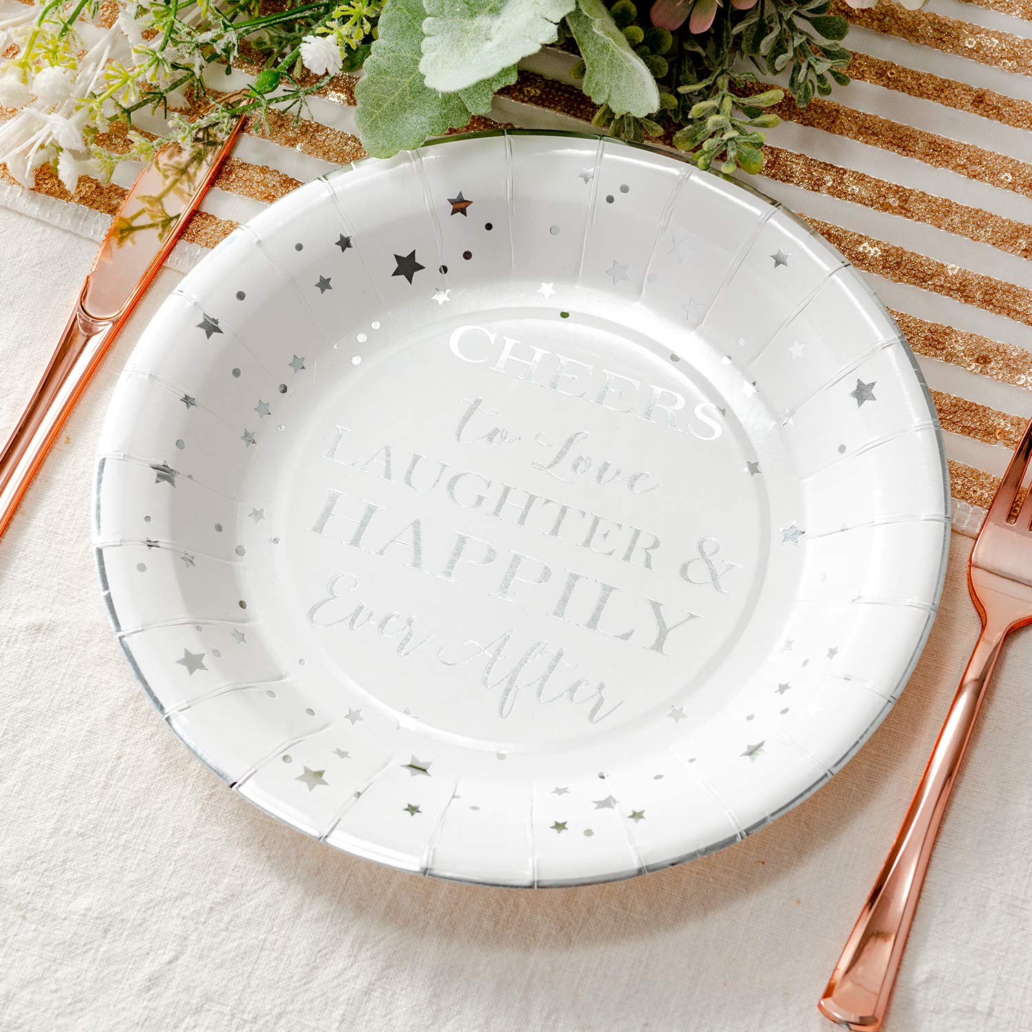 Crisky Cheers To Love Silver Disposable Plates For Bridal Shower, Wedding, Engagement, Bachelorett Party Decorations, Dessert, B