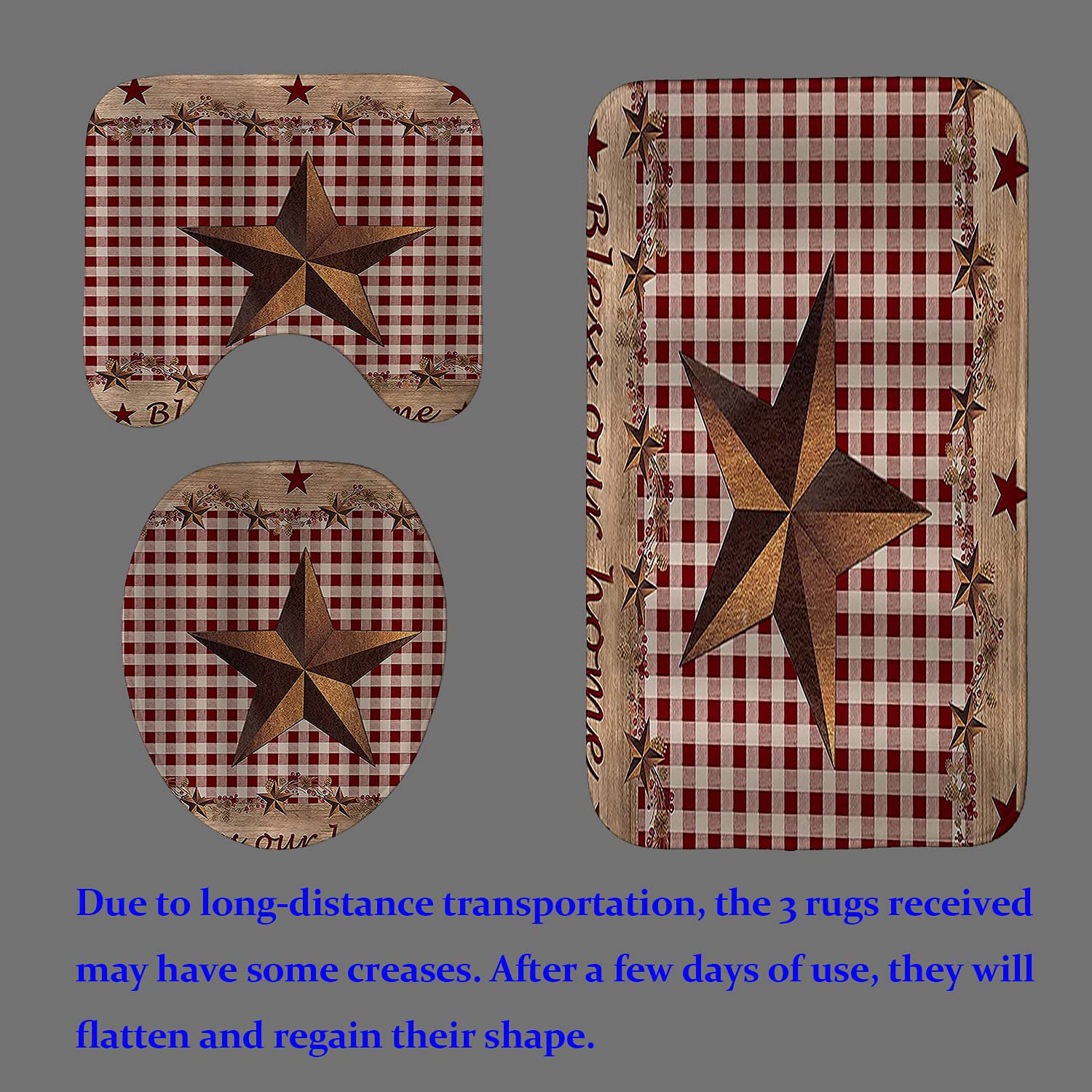 Camille&Andrew 4Pcs/Set Vintage Brown Western Texas Star Shower Curtain, Primitive Berry Star Red Beige Plaid Rustic Wooden Boar